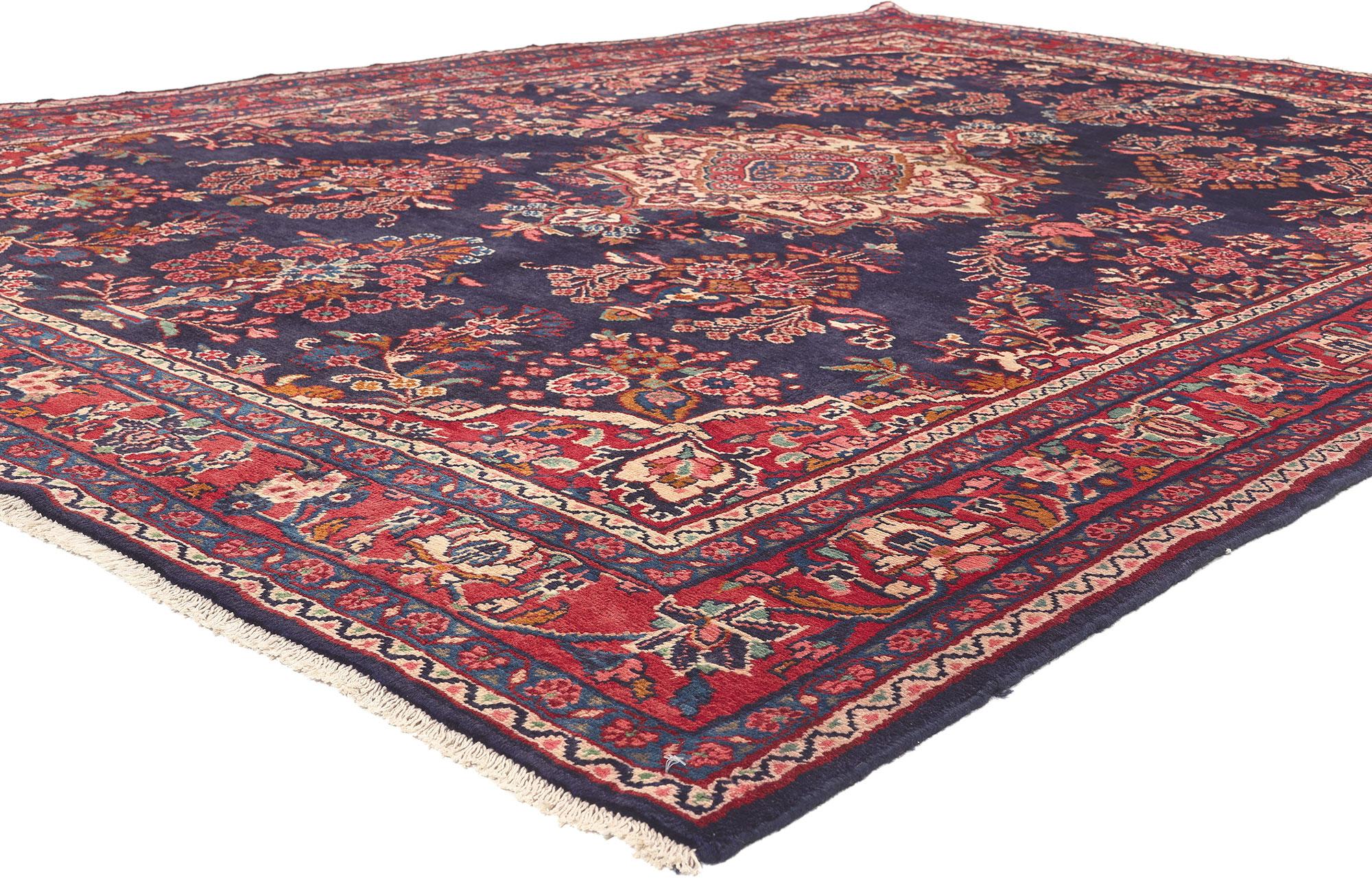 76024 Vintage Persian Mehraban Rug, 07'02 x 10'02.​
Preppy formality meets patriotic flair in this hand knotted wool vintage Persian Mehraban rug. The intricate floral Sarouk design and sophisticated color palette woven into this piece work together