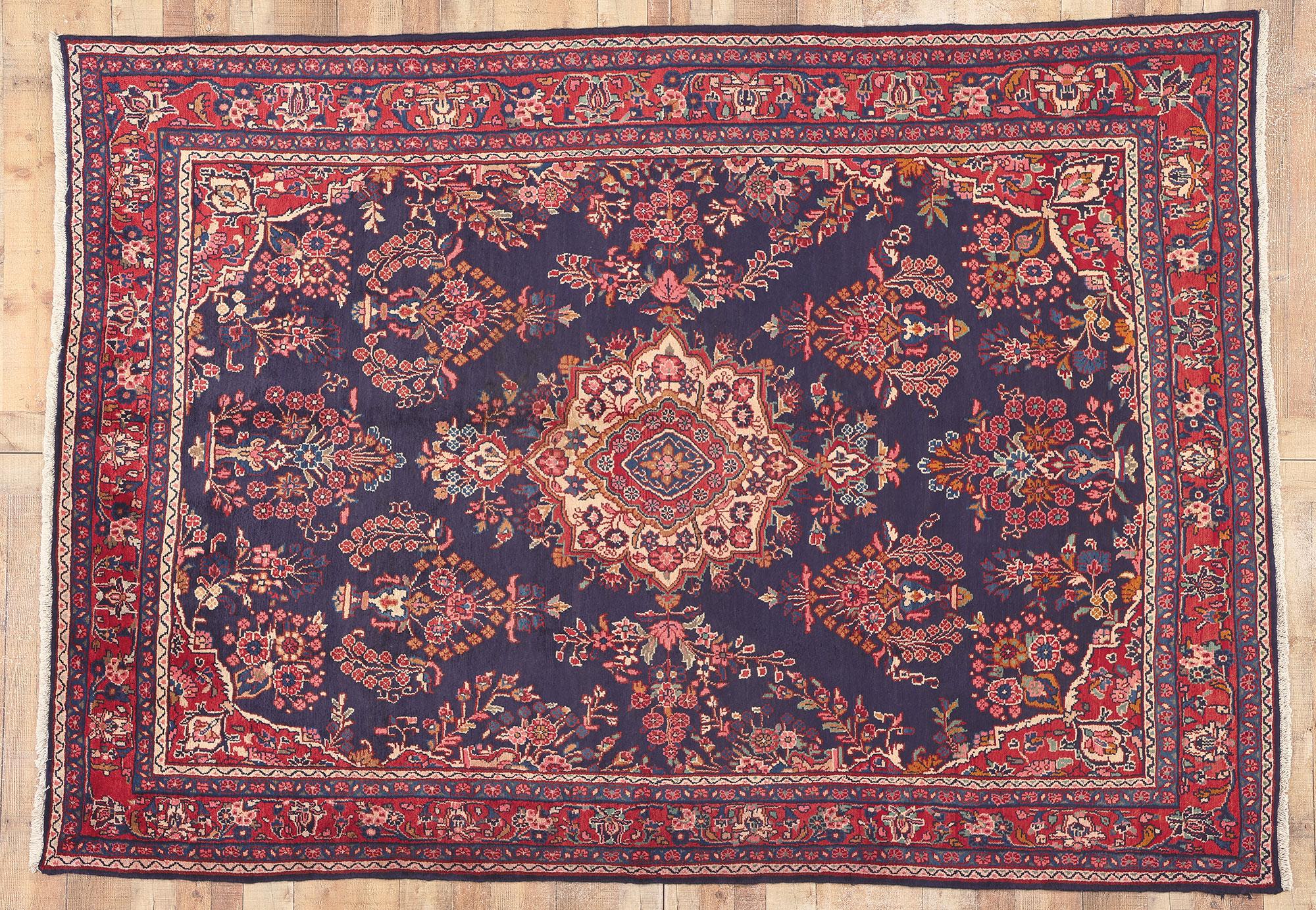 Wool Vintage Persian Mehraban Rug, Preppy Formality Meets Patriotic Flair For Sale