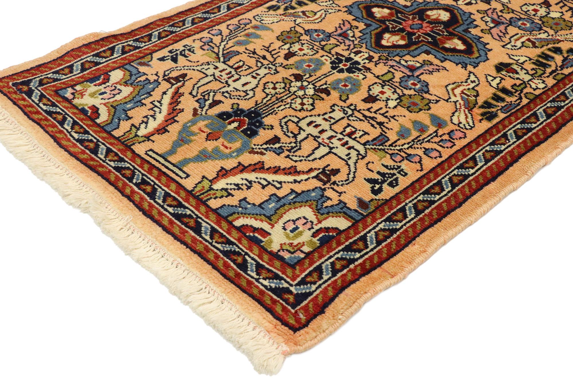 76070 vintage Persian Mehraban vase rug with French Baroque style. Sure to captivate the most discerning aesthete, this hand knotted wool vintage Persian Sarouk rug is the epitome of French Baroque Victorian style in one. A stunning testament to