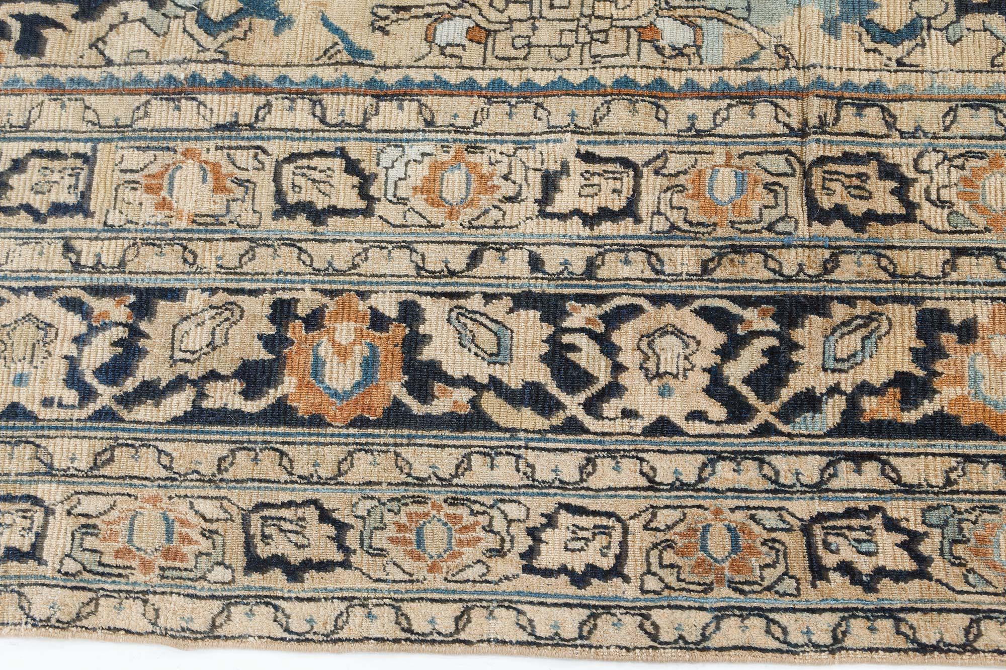 20th Century Vintage Persian Meshad Beige Handmade Wool Rug For Sale