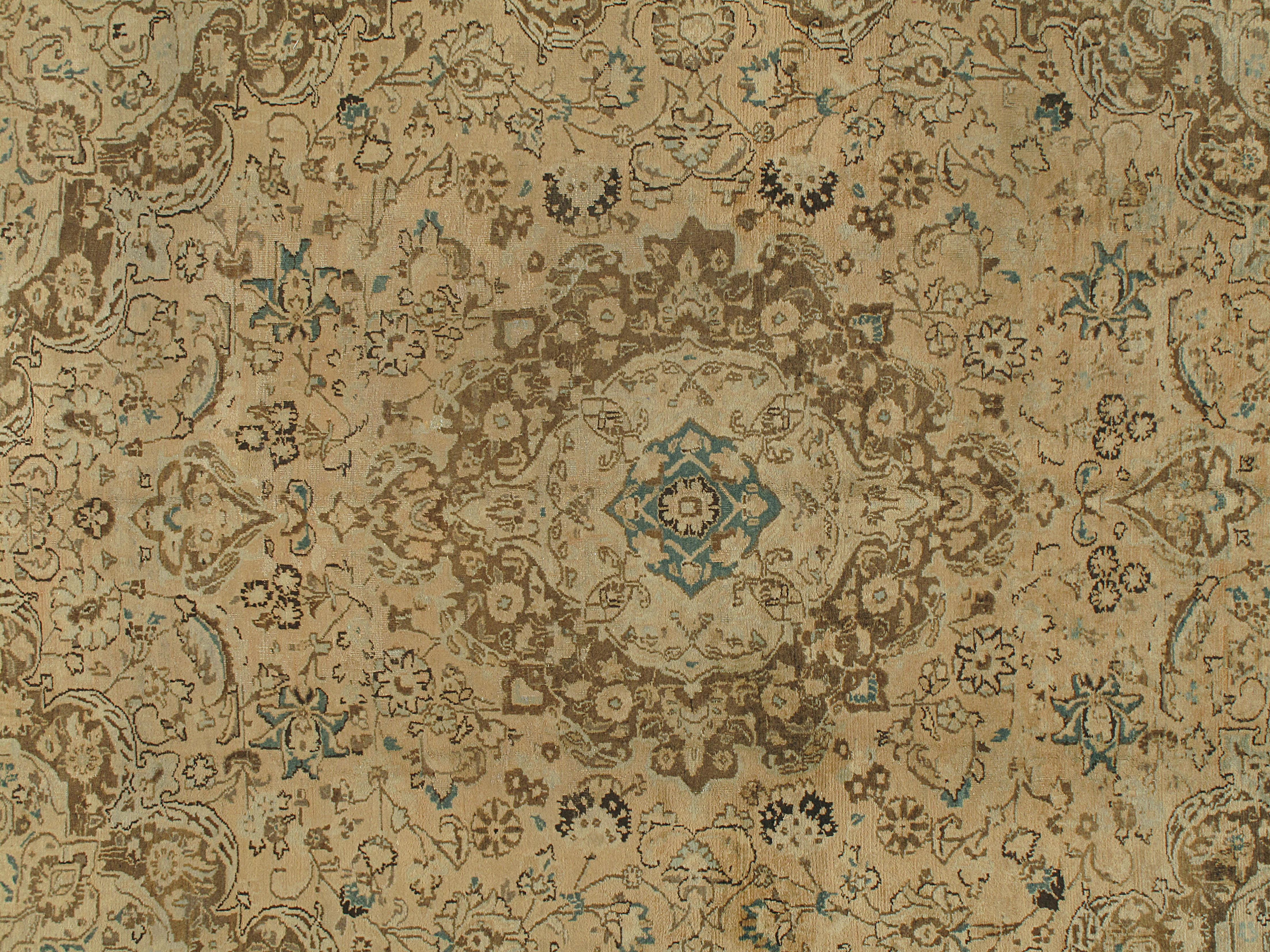 Vintage Persian Meshad Rug 8' x 10'. This charming Meshad rug entertains the eye with its curvileaner design and elegant central medallion. The piece, masterfully woven in cream and chocolate, will naturally become the focal point in any setting.