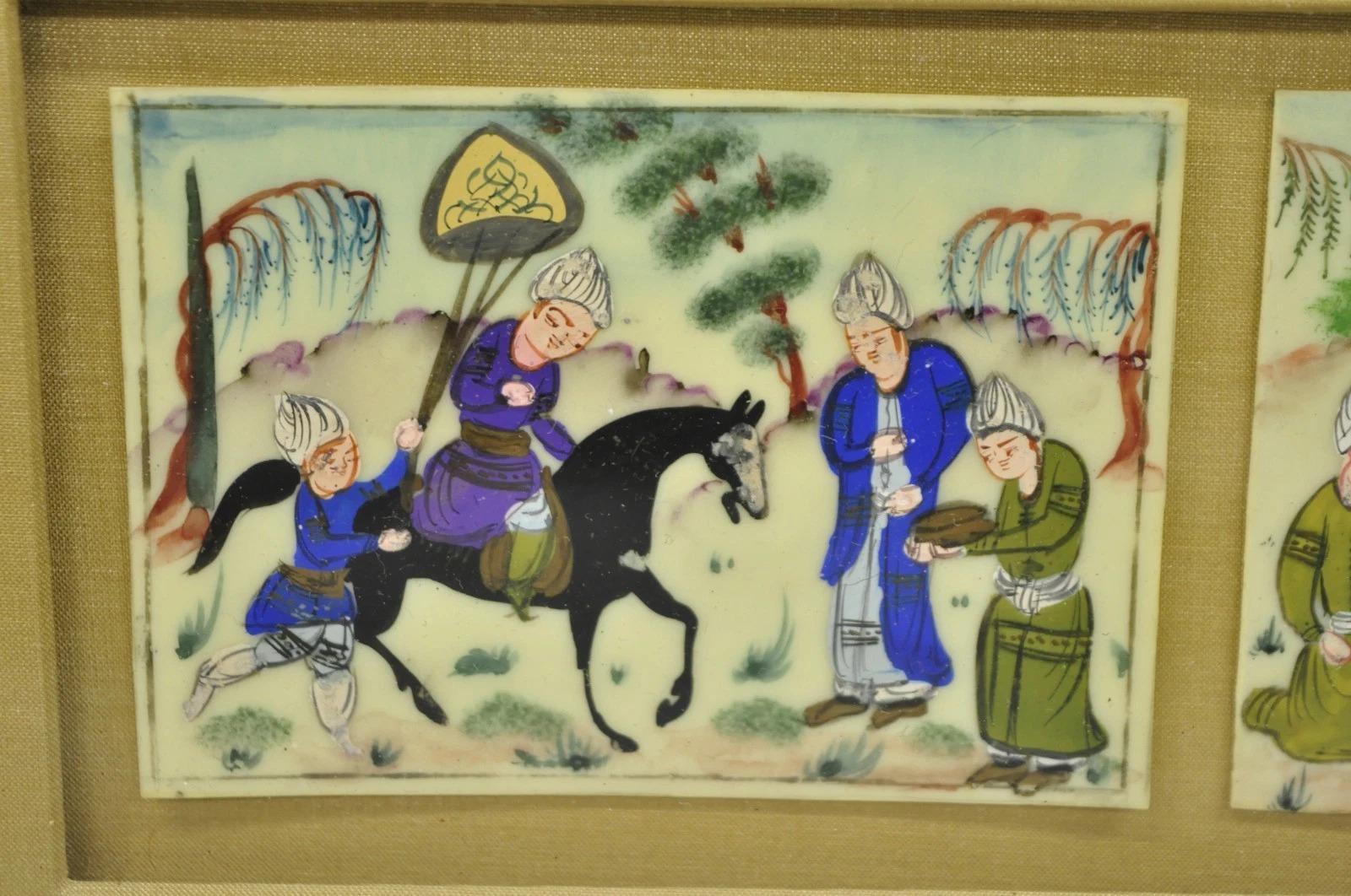 Anglo-indiano Miniatura persiana d'epoca incorniciata e dipinta a mano con scene di villaggi in 3 parti su osso in vendita