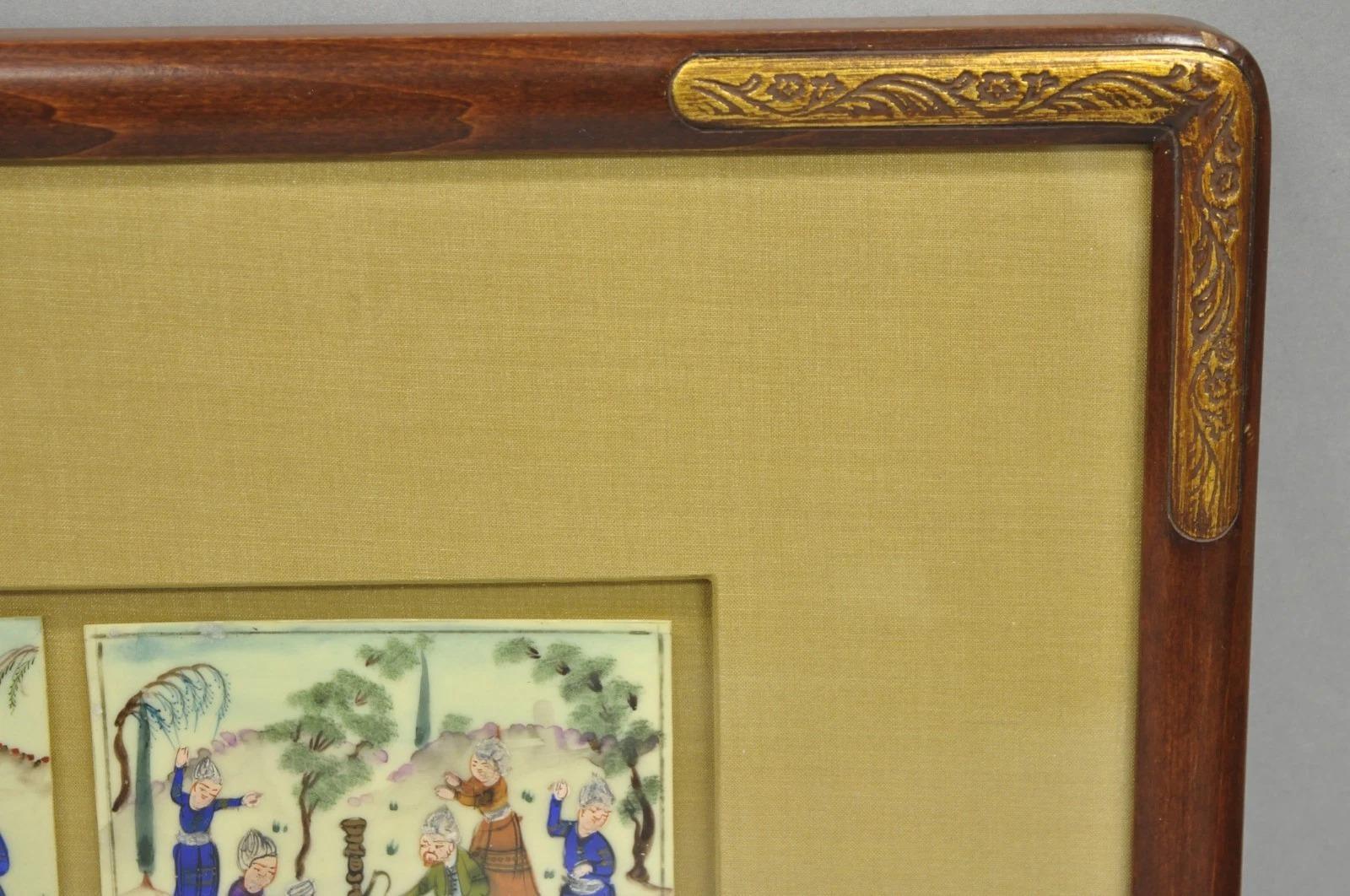 Osso Miniatura persiana d'epoca incorniciata e dipinta a mano con scene di villaggi in 3 parti su osso in vendita