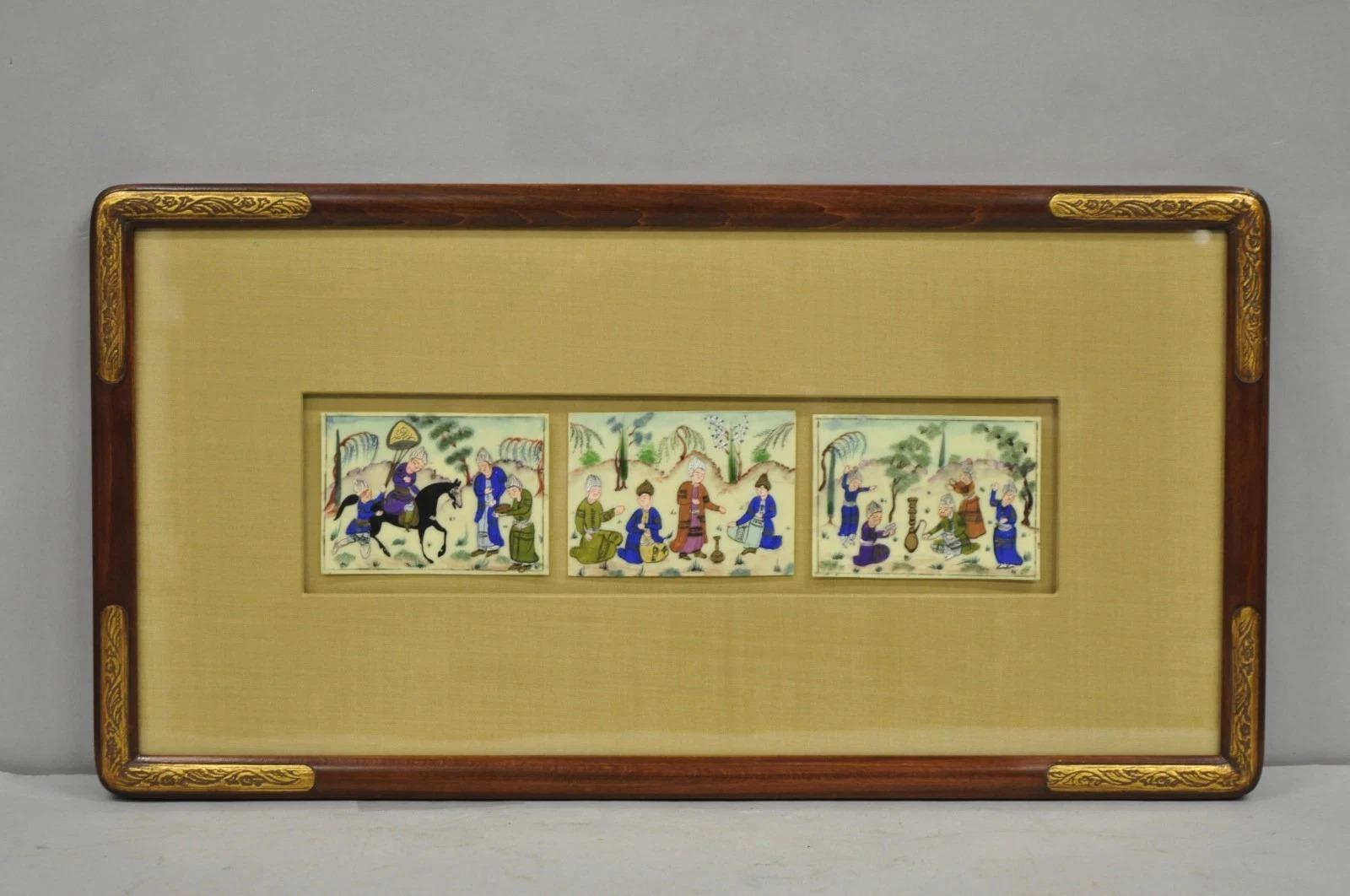 Miniatura persiana d'epoca incorniciata e dipinta a mano con scene di villaggi in 3 parti su osso in vendita 3
