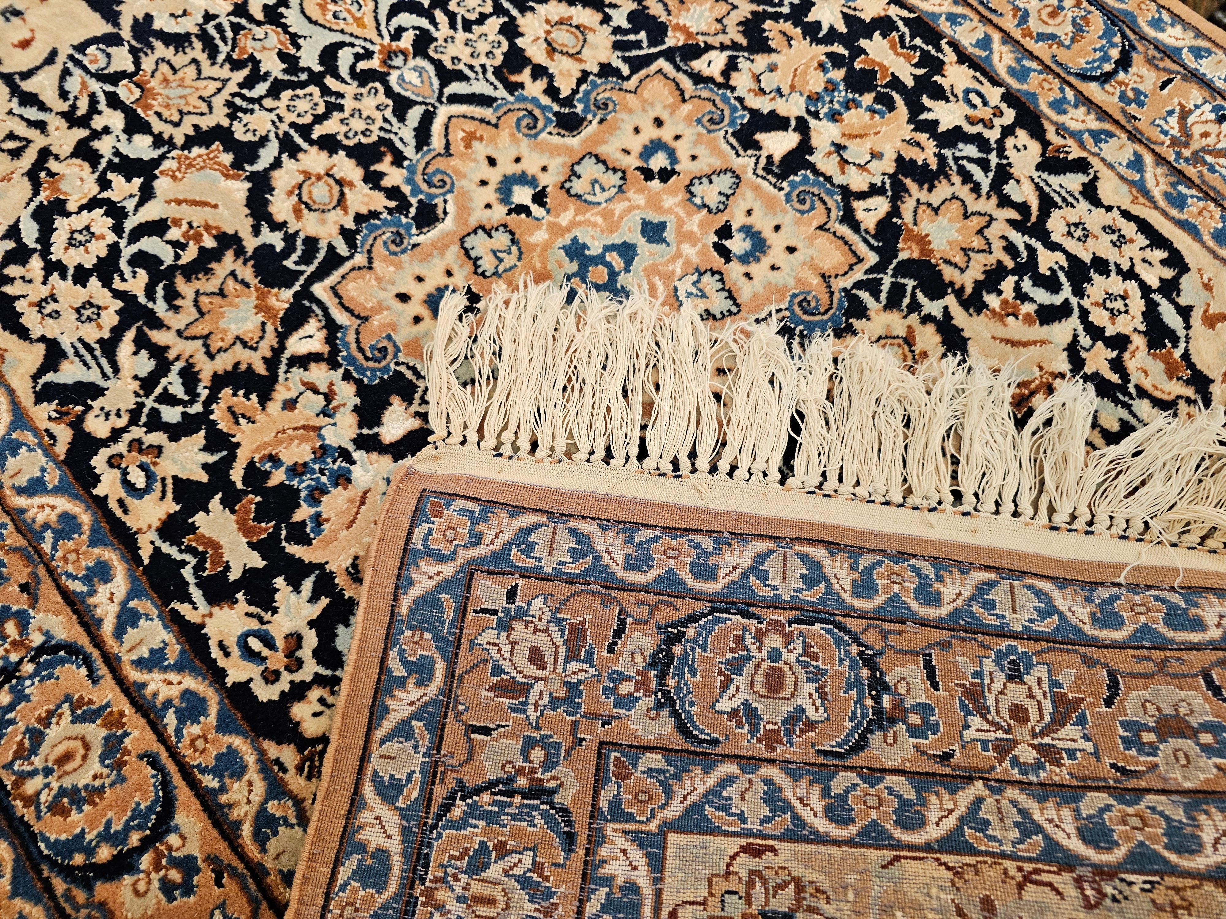 Cotton Vintage Persian Nain Area Rug in Navy Blue with Tiffany & French Blue Accents