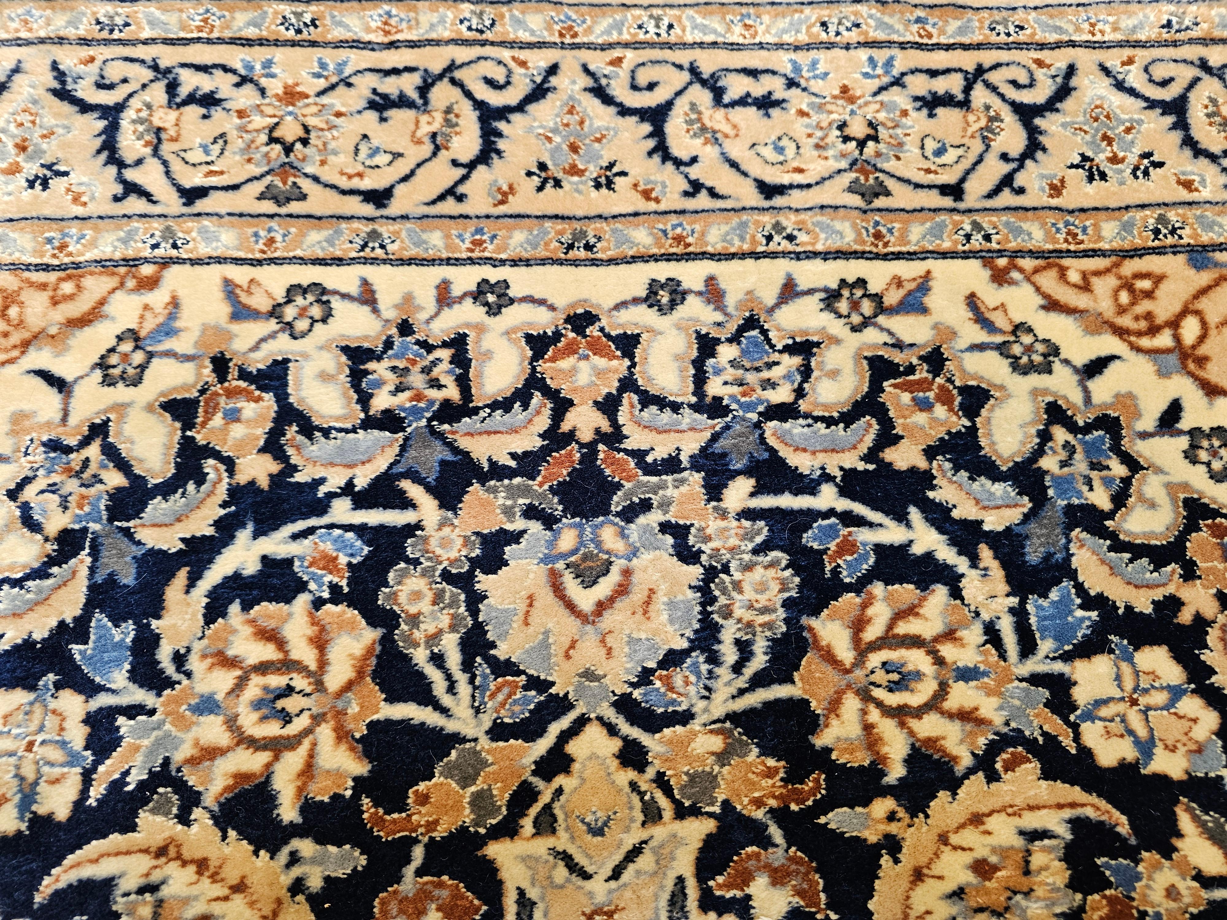 Vintage Persian Nain Area Rug with Silk Highlights in Navy Blue, Ivory, Caramel For Sale 4