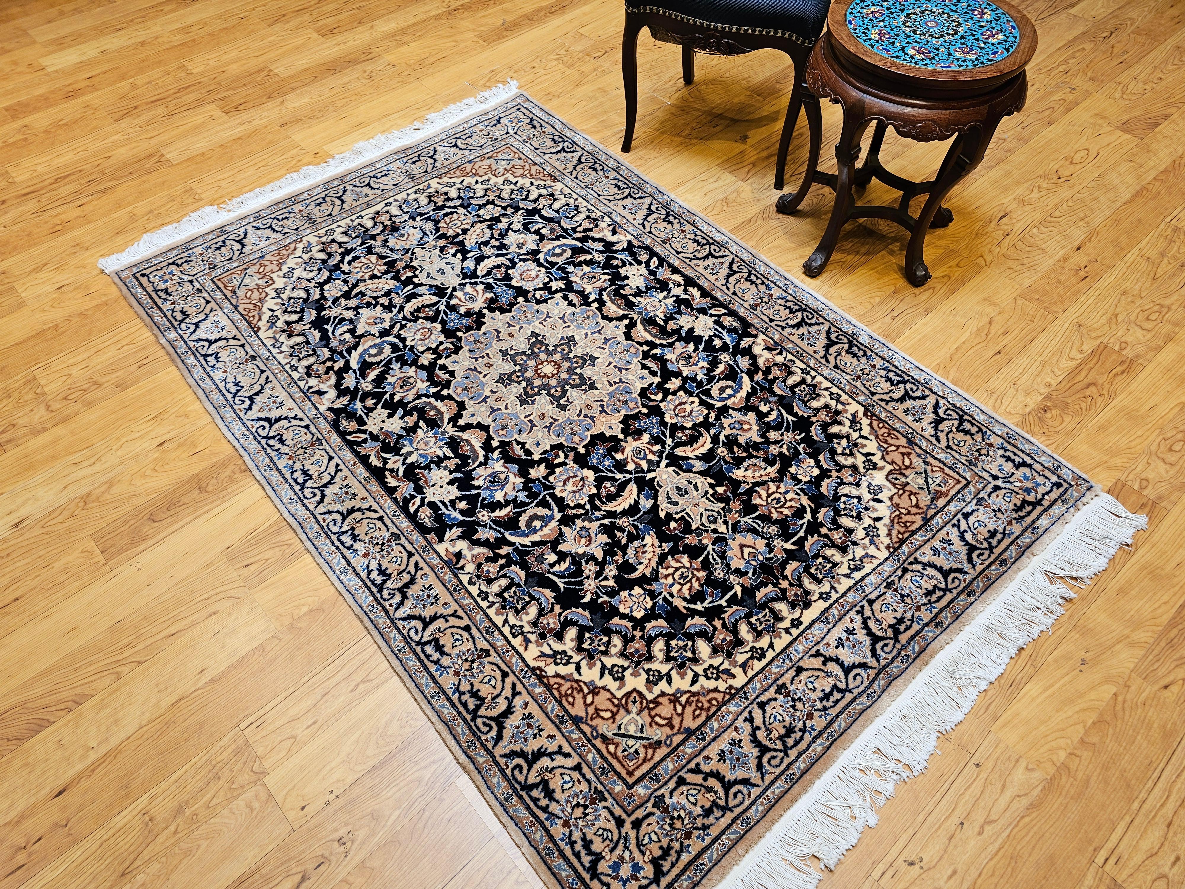Vintage Persian Nain Area Rug with Silk Highlights in Navy Blue, Ivory, Caramel For Sale 6