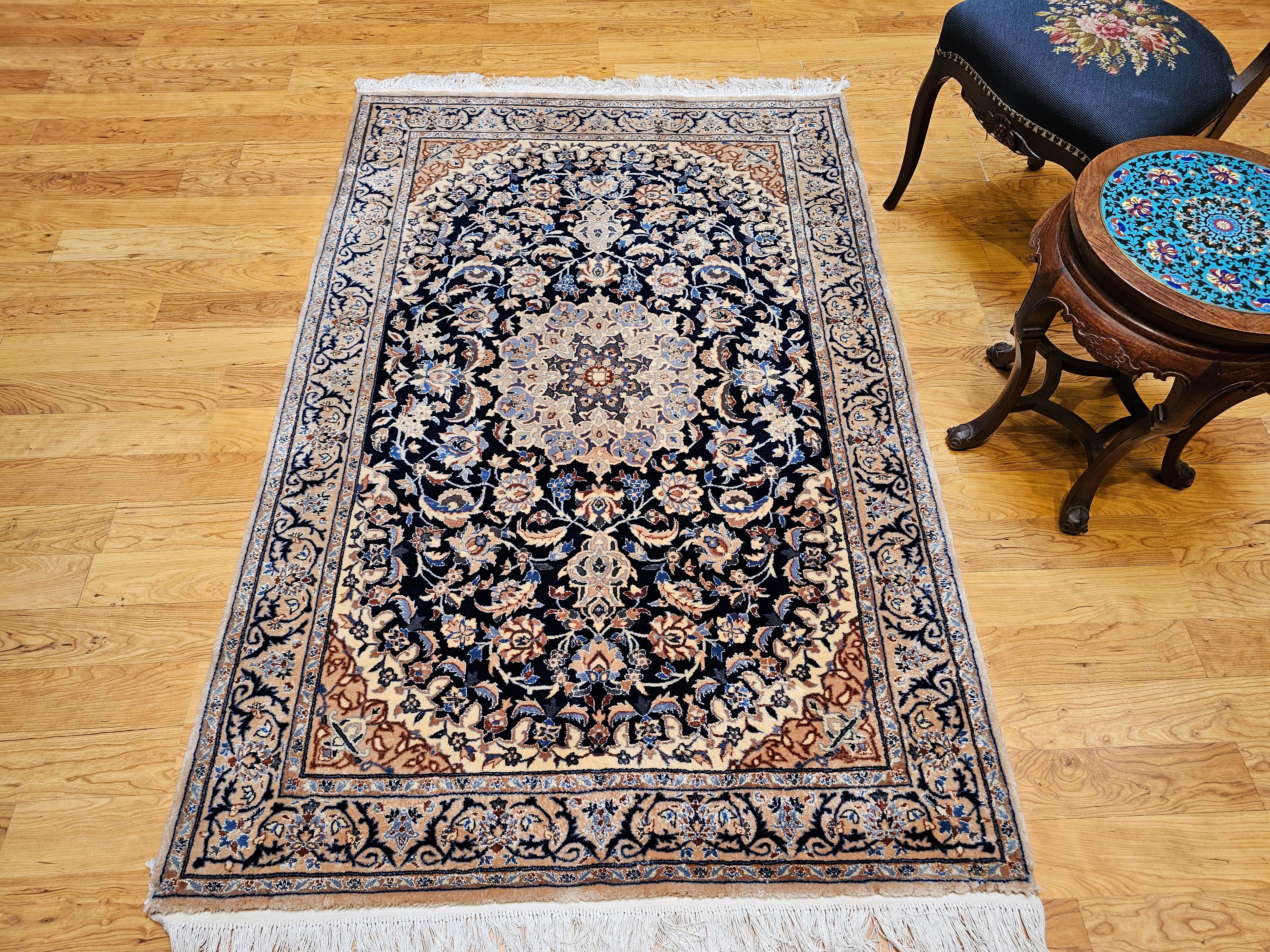 Vintage Persian Nain Area Rug with Silk Highlights in Navy Blue, Ivory, Caramel For Sale 7