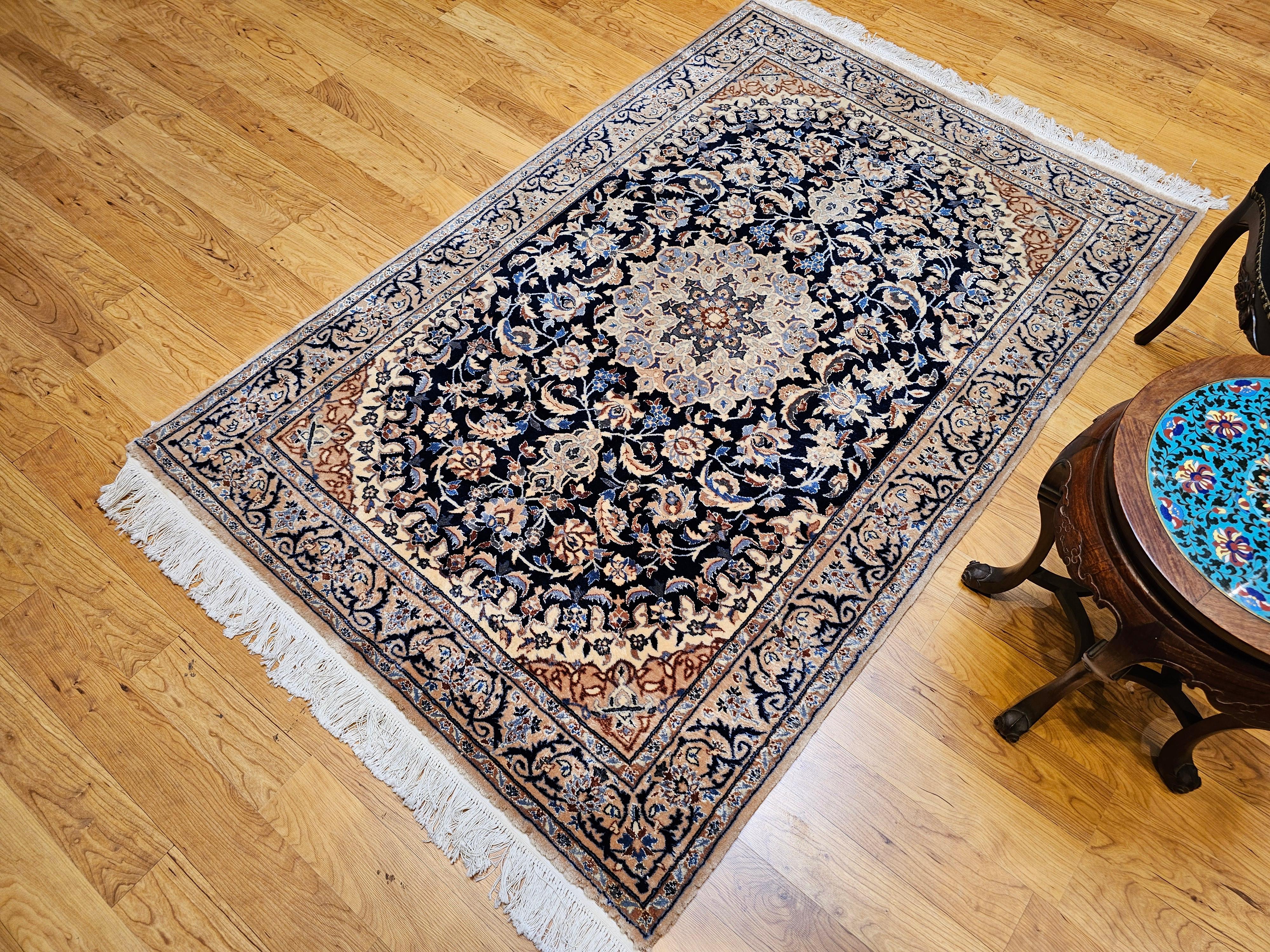 Vintage Persian Nain Area Rug with Silk Highlights in Navy Blue, Ivory, Caramel For Sale 8