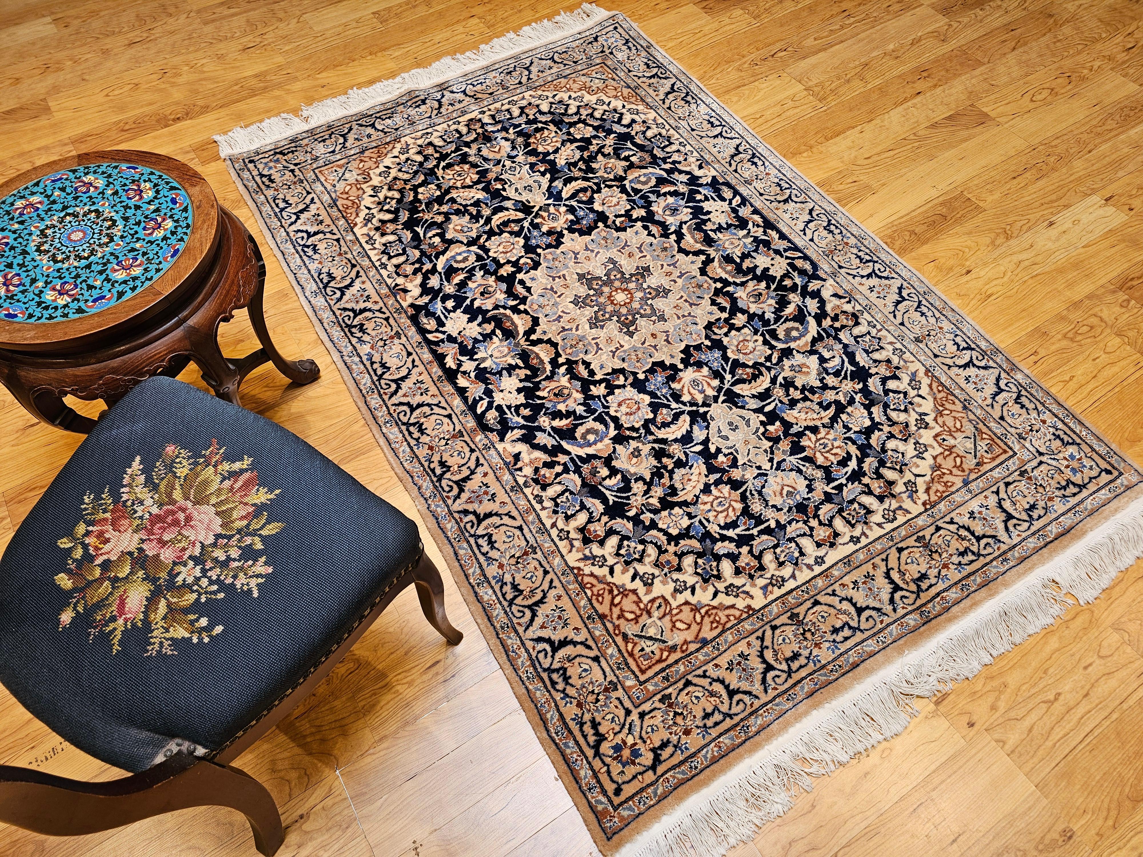 Vintage Persian Nain Area Rug with Silk Highlights in Navy Blue, Ivory, Caramel For Sale 10