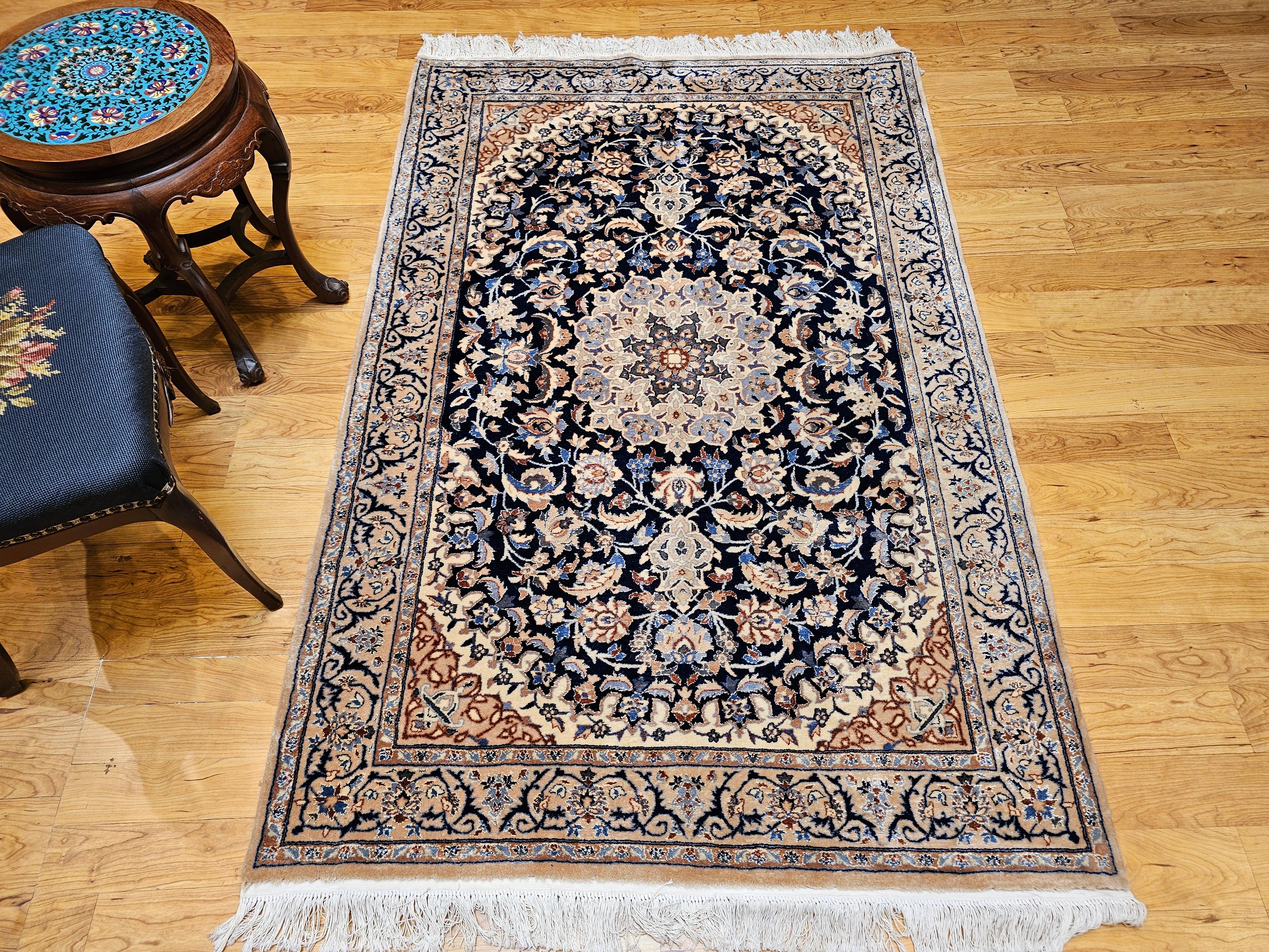 Vintage Persian Nain Area Rug with Silk Highlights in Navy Blue, Ivory, Caramel For Sale 11