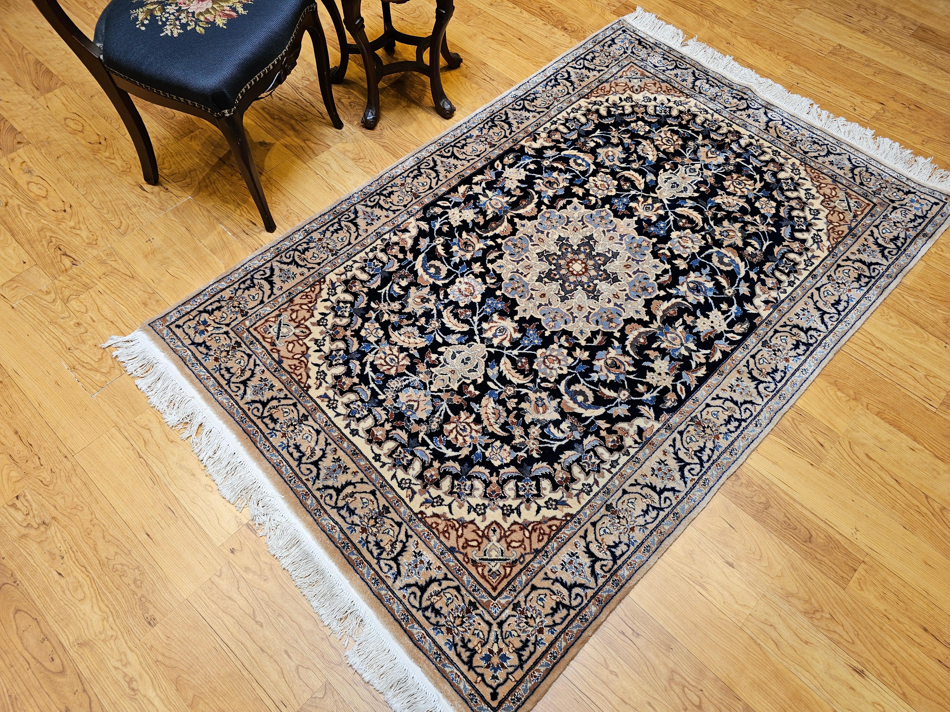 Vintage Persian Nain Area Rug with Silk Highlights in Navy Blue, Ivory, Caramel For Sale 12