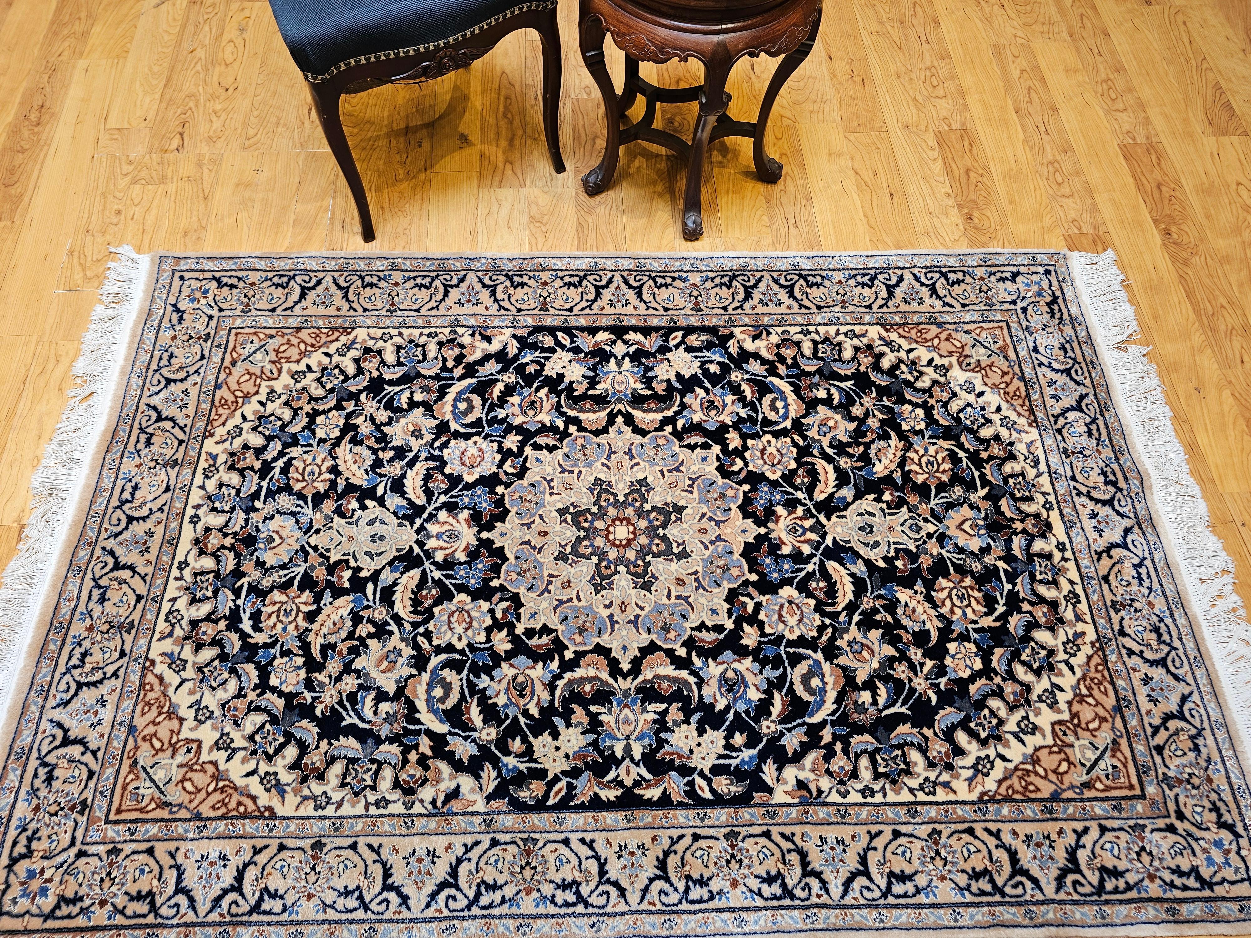 Vintage Persian Nain Area Rug with Silk Highlights in Navy Blue, Ivory, Caramel For Sale 9