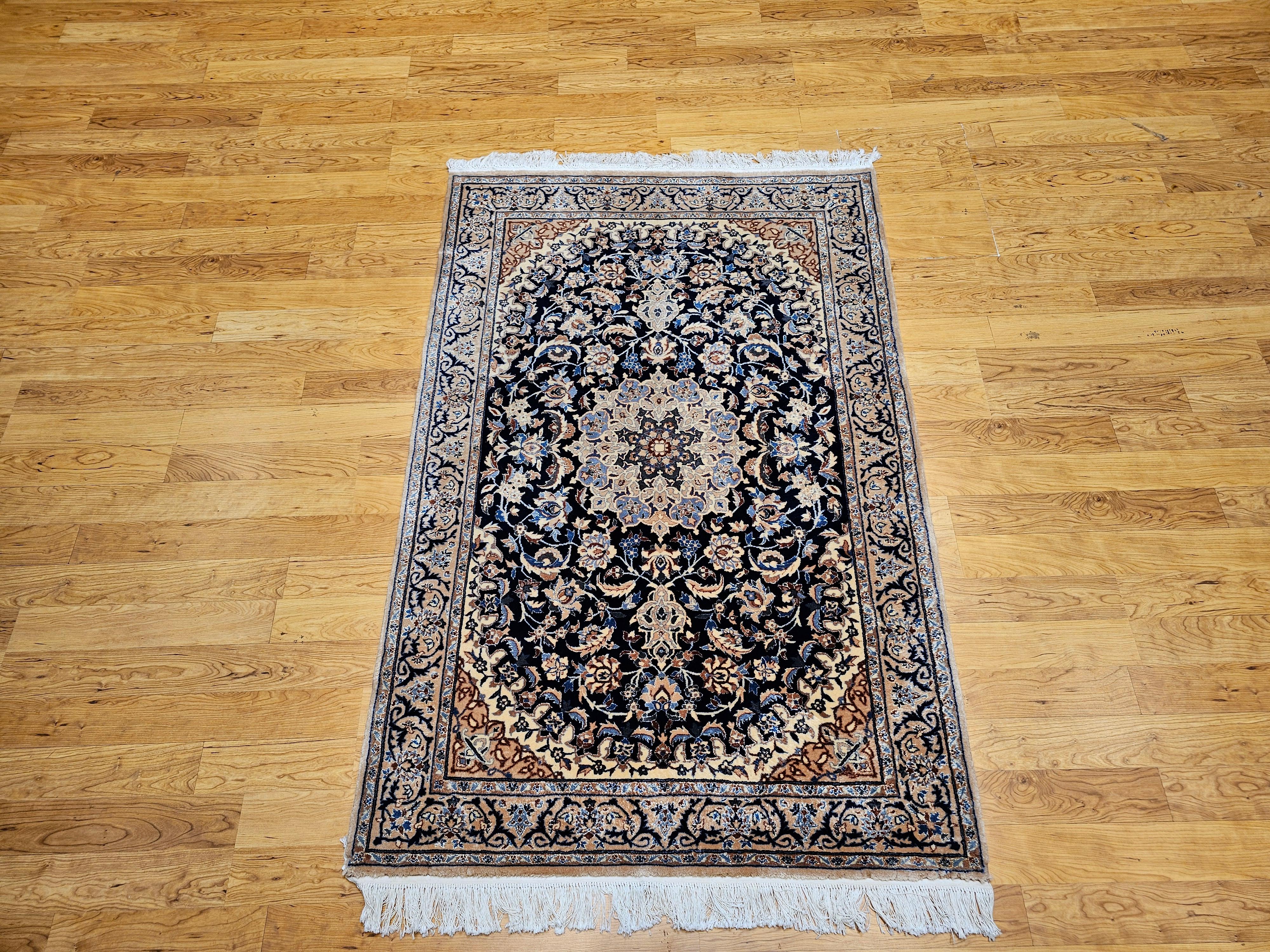 Vintage Persian Nain Area Rug with Silk Highlights in Navy Blue, Ivory, Caramel For Sale 13