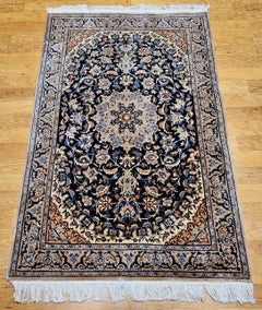 Vintage Persian Nain Area Rug with Silk Highlights in Navy Blue, Ivory, Caramel