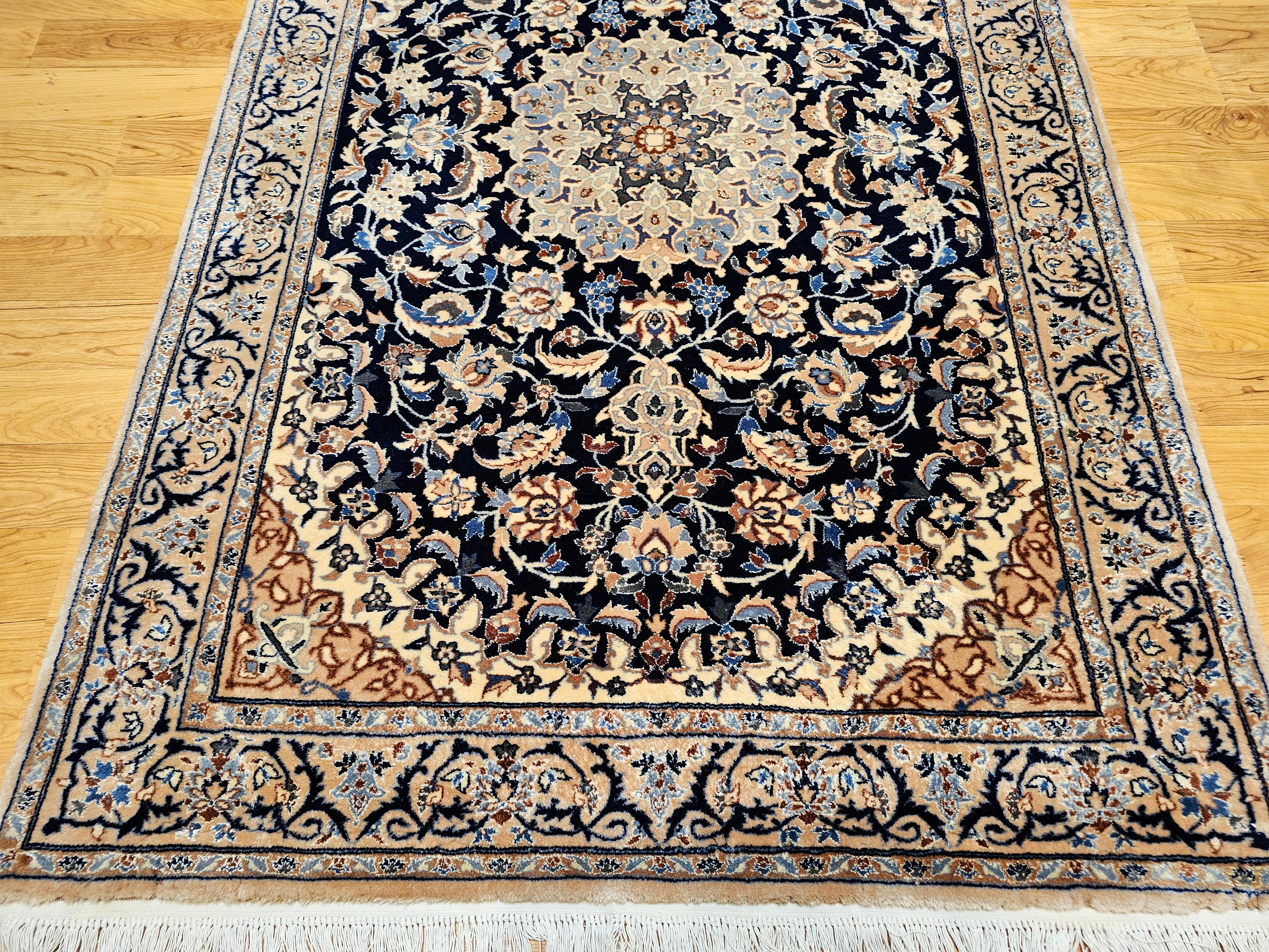 Hand-Woven Vintage Persian Nain Area Rug with Silk Highlights in Navy Blue, Ivory, Caramel For Sale