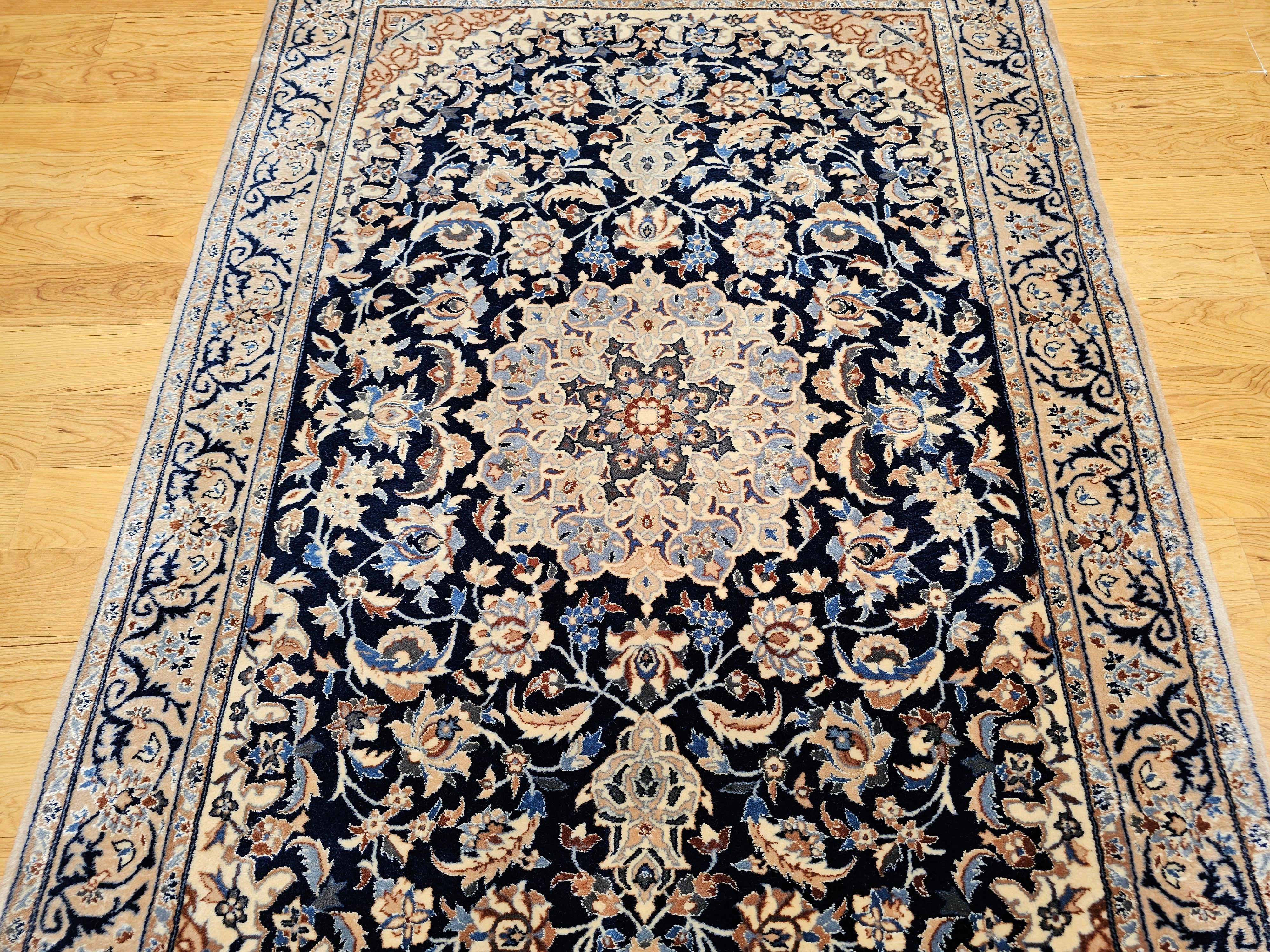 Vintage Persian Nain Area Rug with Silk Highlights in Navy Blue, Ivory, Caramel In Good Condition For Sale In Barrington, IL