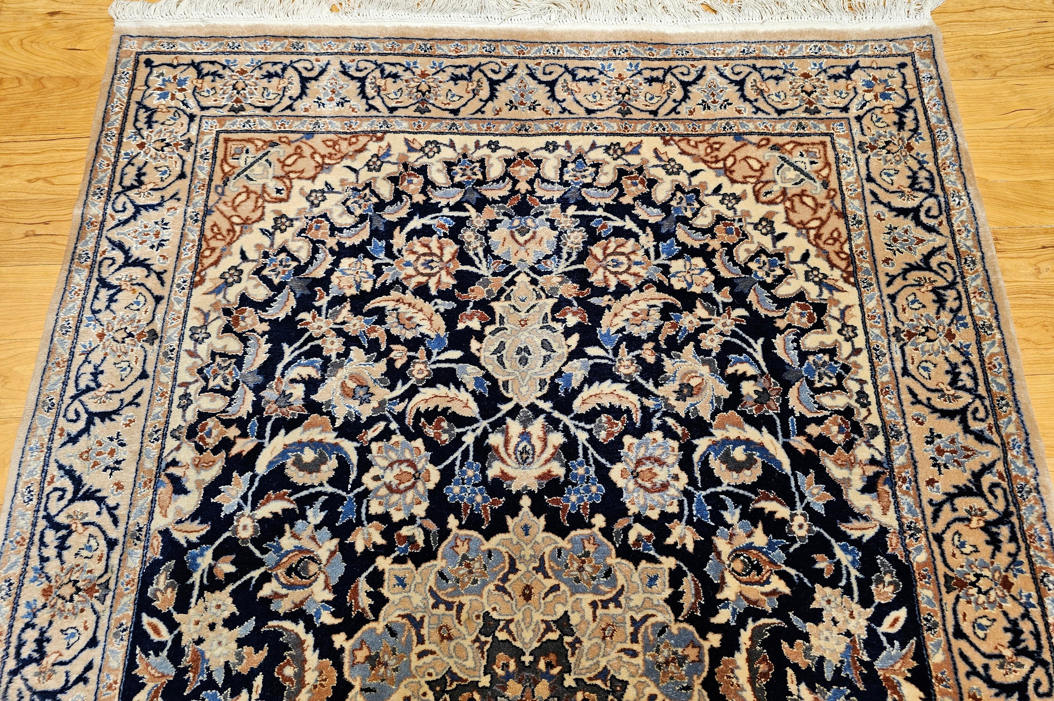 20th Century Vintage Persian Nain Area Rug with Silk Highlights in Navy Blue, Ivory, Caramel For Sale