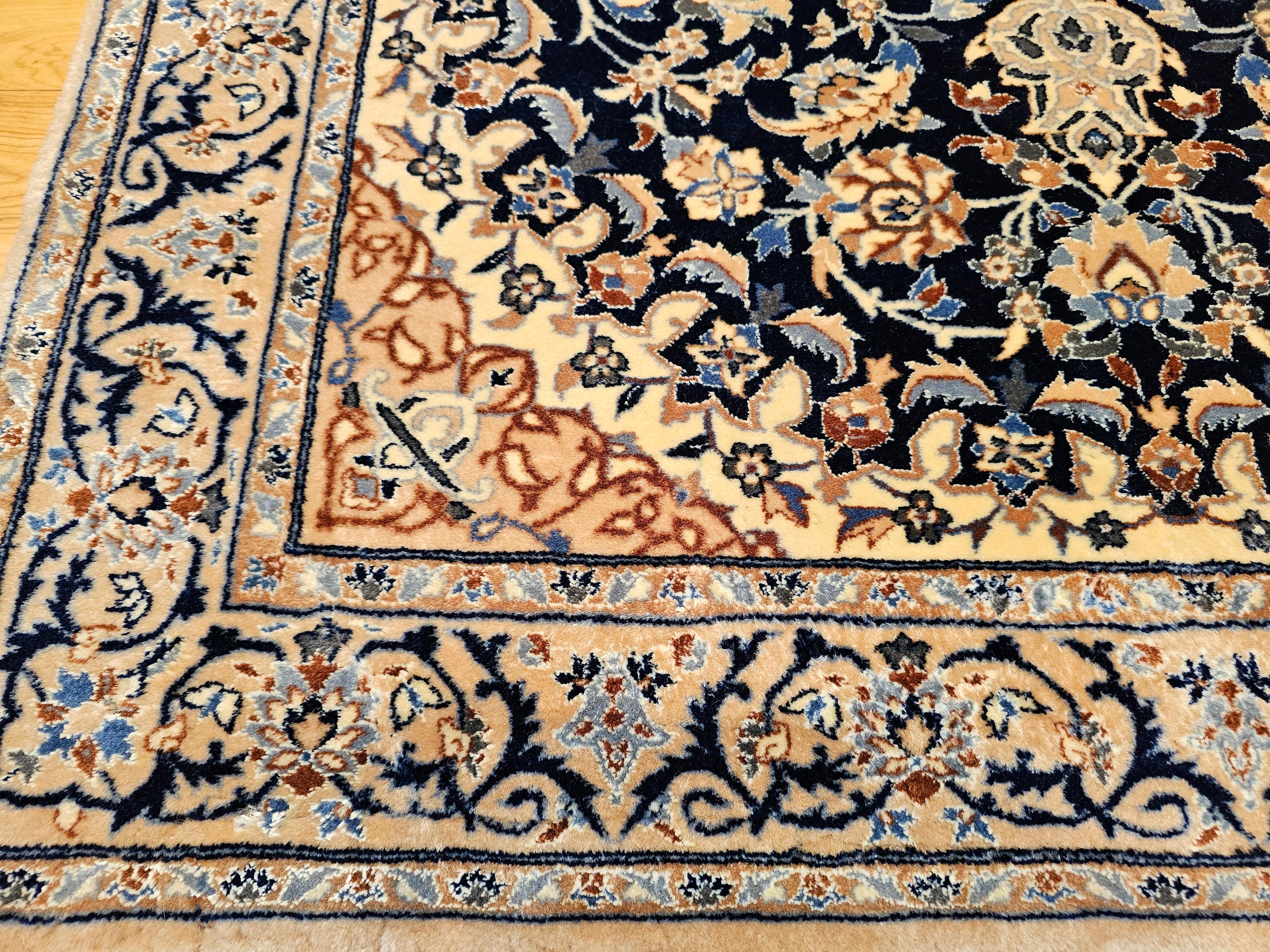 Wool Vintage Persian Nain Area Rug with Silk Highlights in Navy Blue, Ivory, Caramel For Sale