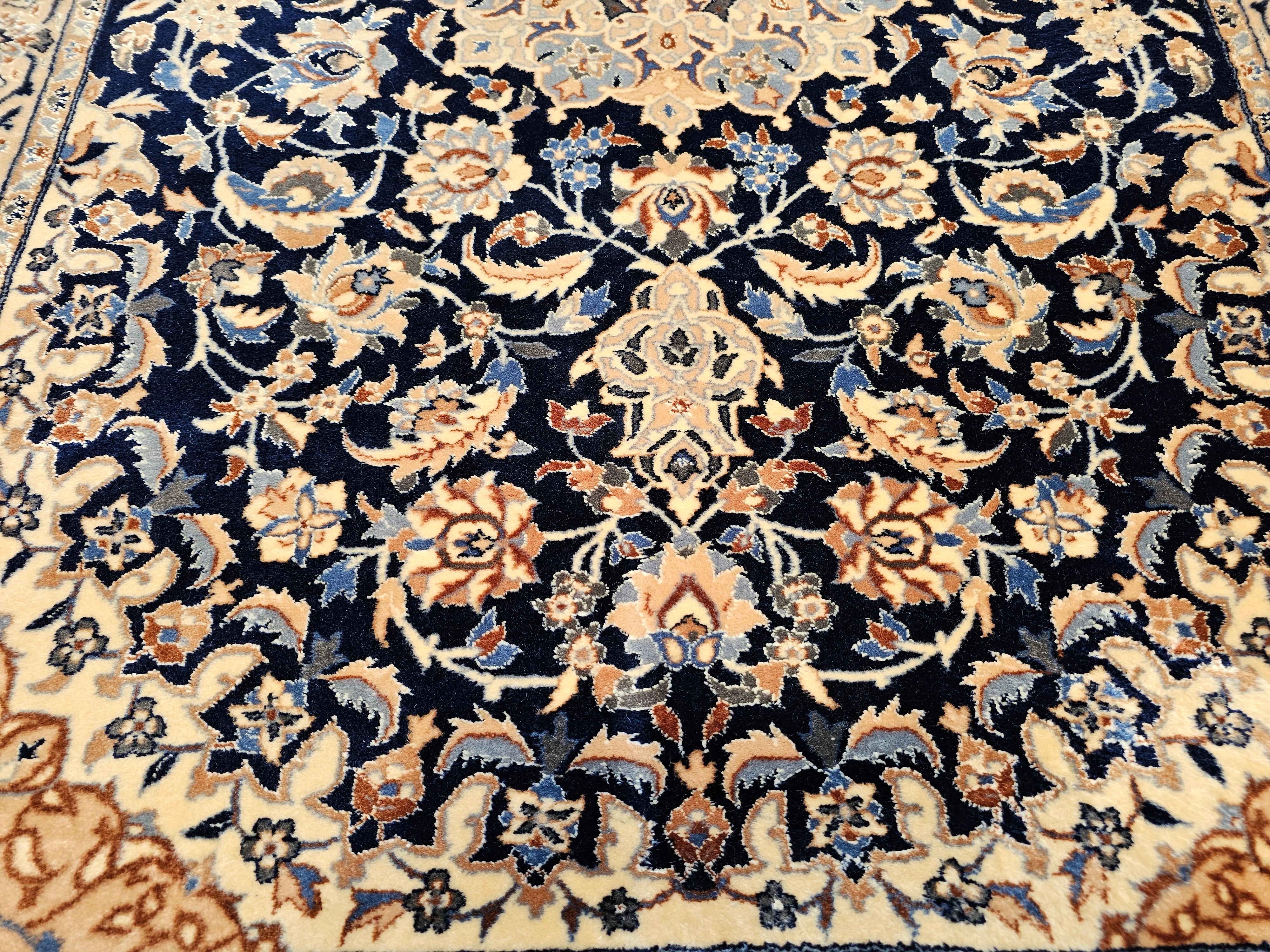 Vintage Persian Nain Area Rug with Silk Highlights in Navy Blue, Ivory, Caramel For Sale 1