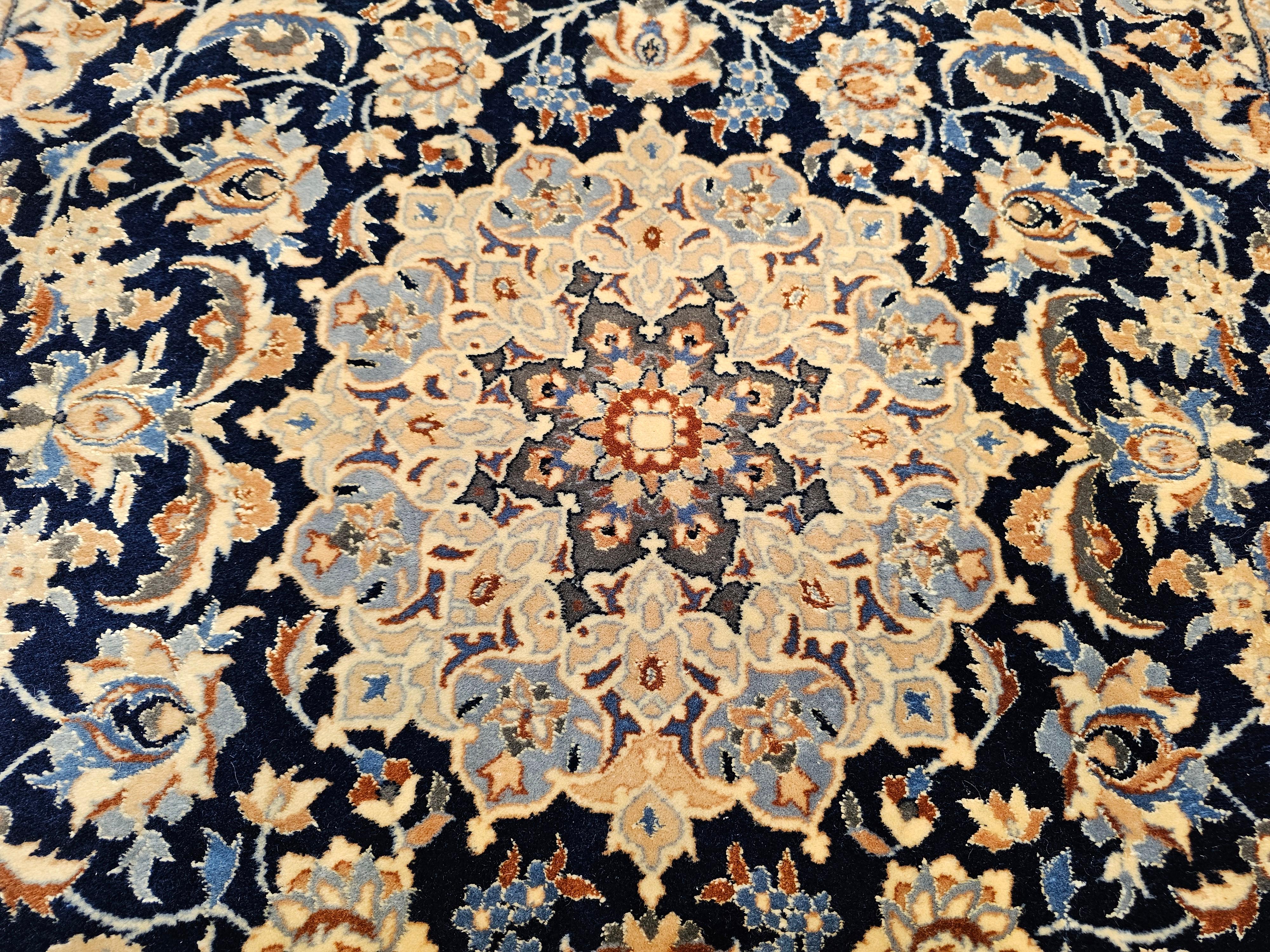 Vintage Persian Nain Area Rug with Silk Highlights in Navy Blue, Ivory, Caramel For Sale 2