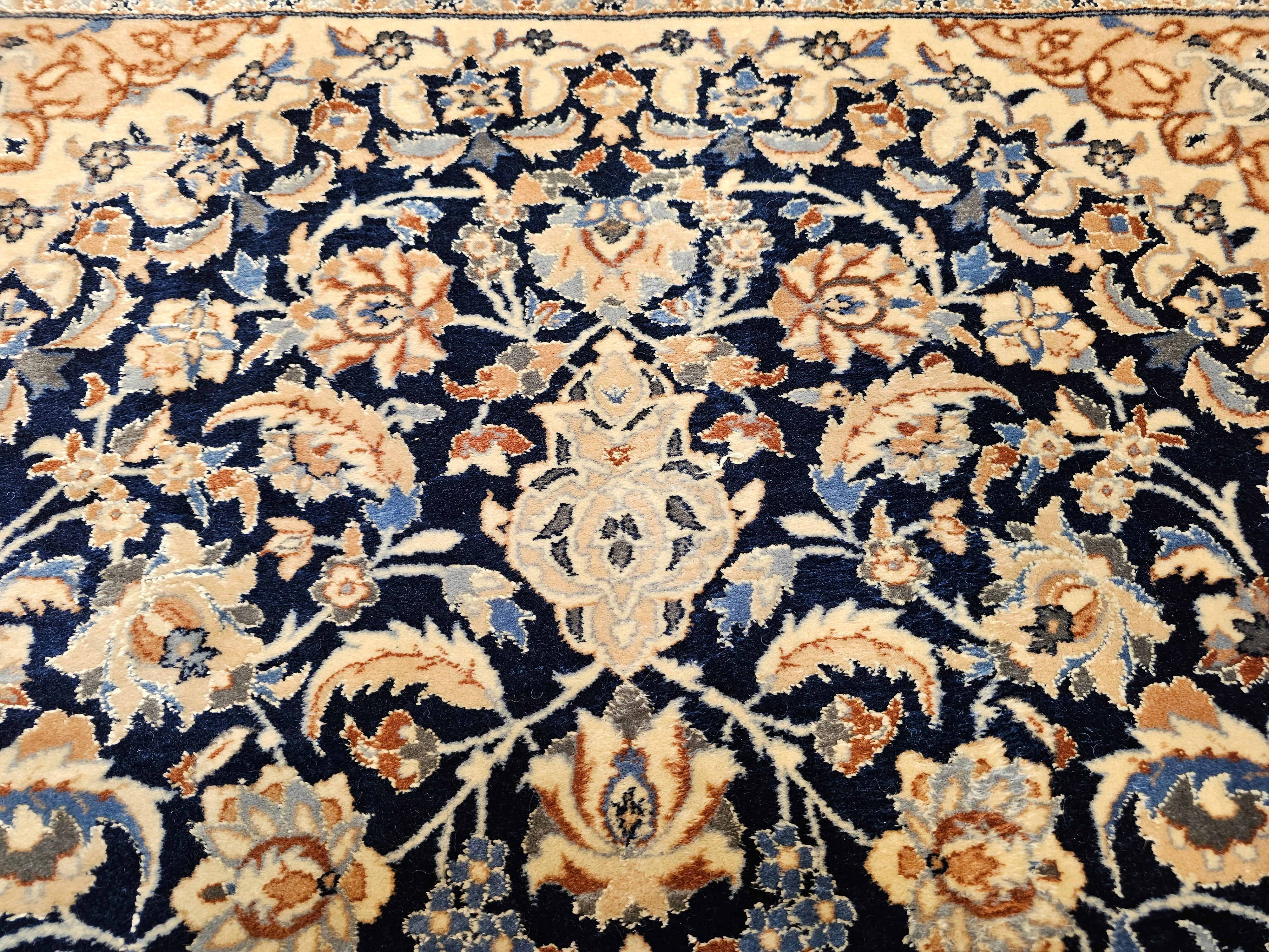 Vintage Persian Nain Area Rug with Silk Highlights in Navy Blue, Ivory, Caramel For Sale 3