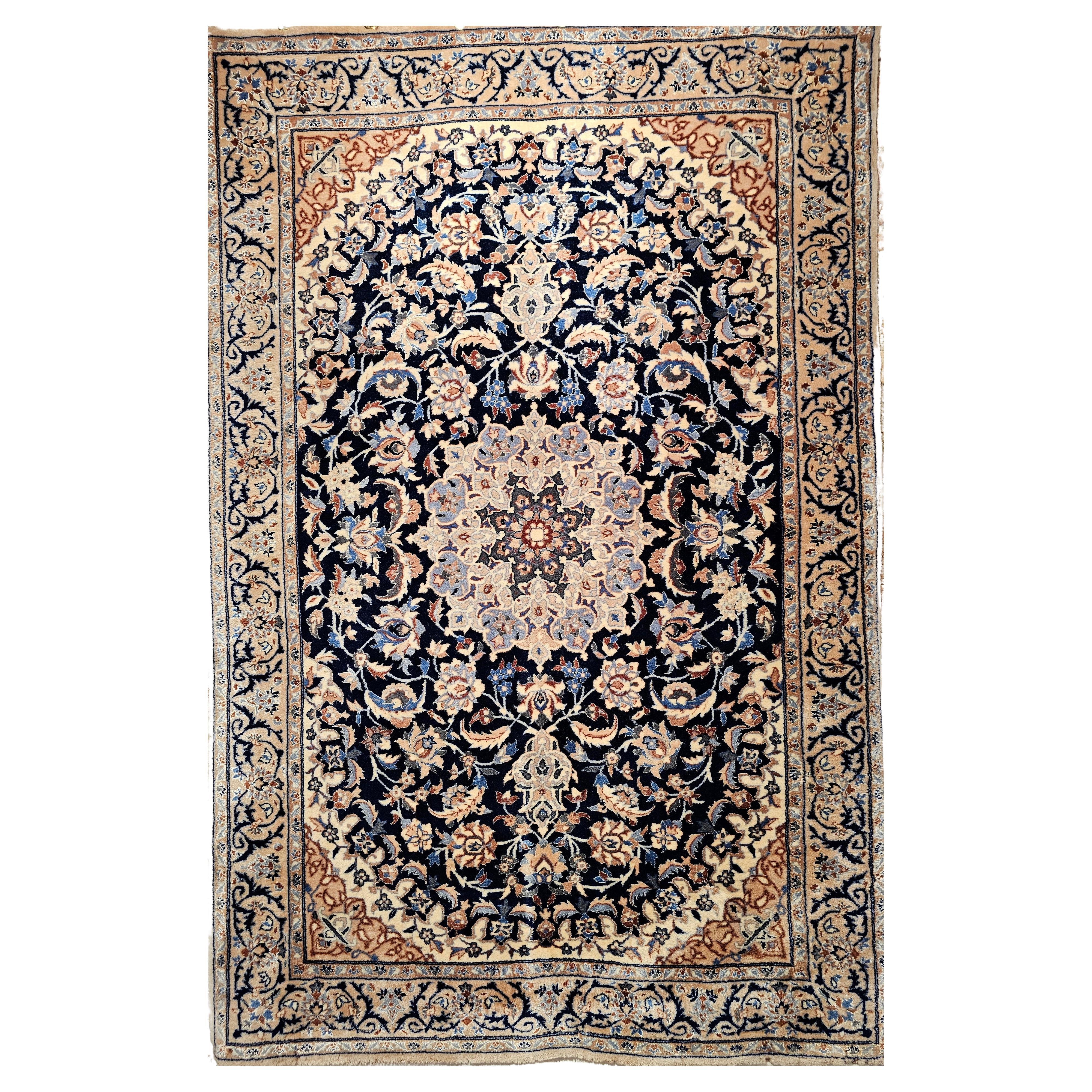 Vintage Persian Nain Area Rug with Silk Highlights in Navy Blue, Ivory, Caramel