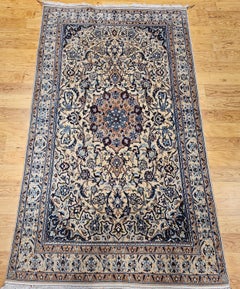Vintage Persian Nain Area Rug in Floral Pattern in Ivory, Blue, Navy, Green