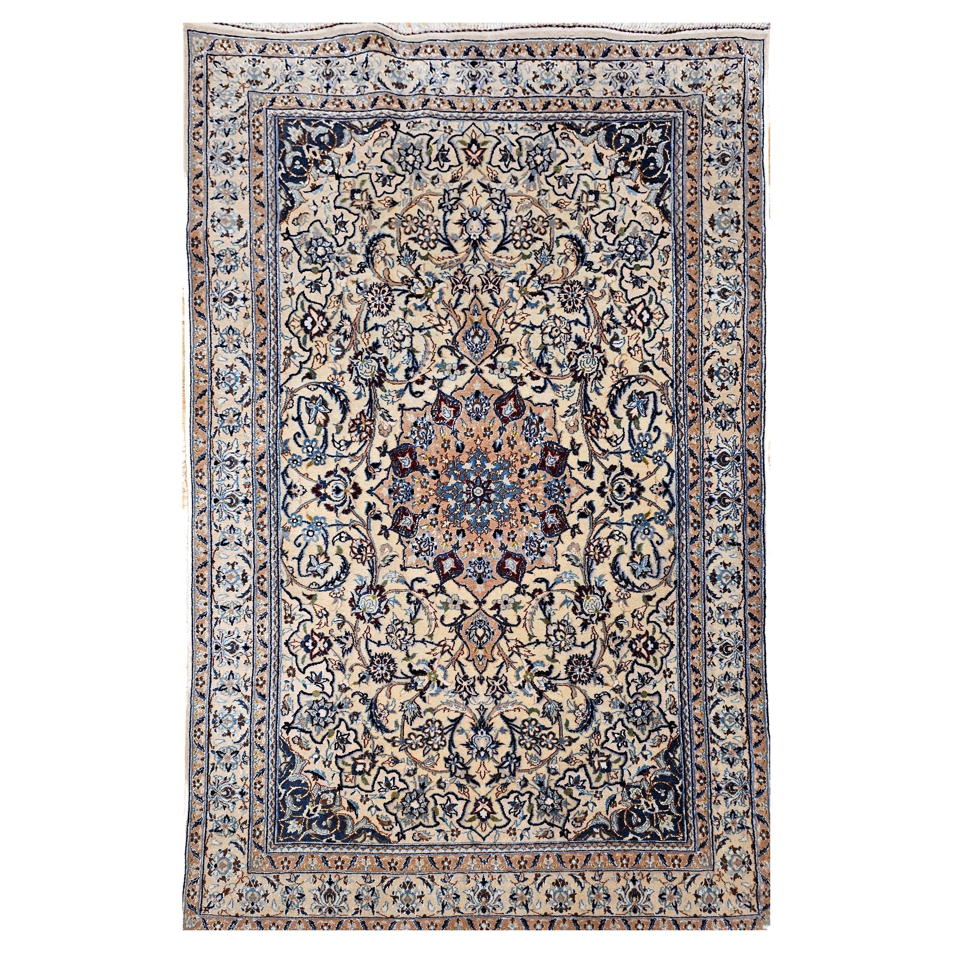 Vintage Persian Nain Area Rug in Floral Pattern in Ivory, Blue, Navy, Green
