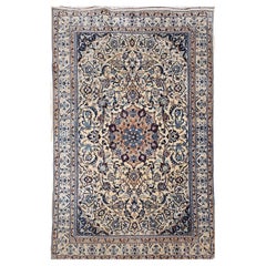 Vintage Persian Nain Area Rug in Floral Pattern in Ivory, Blue, Navy, Green