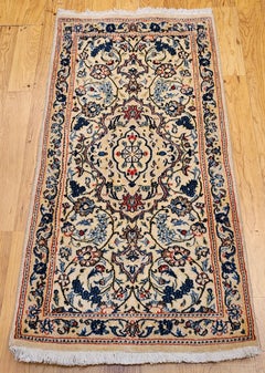Vintage Persian Nain Area Rug In Floral Pattern with Silk Highlights in Ivory