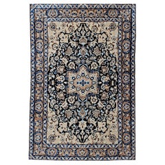 Vintage Persian Nain Area Rug in Navy Blue with Tiffany & French Blue Accents