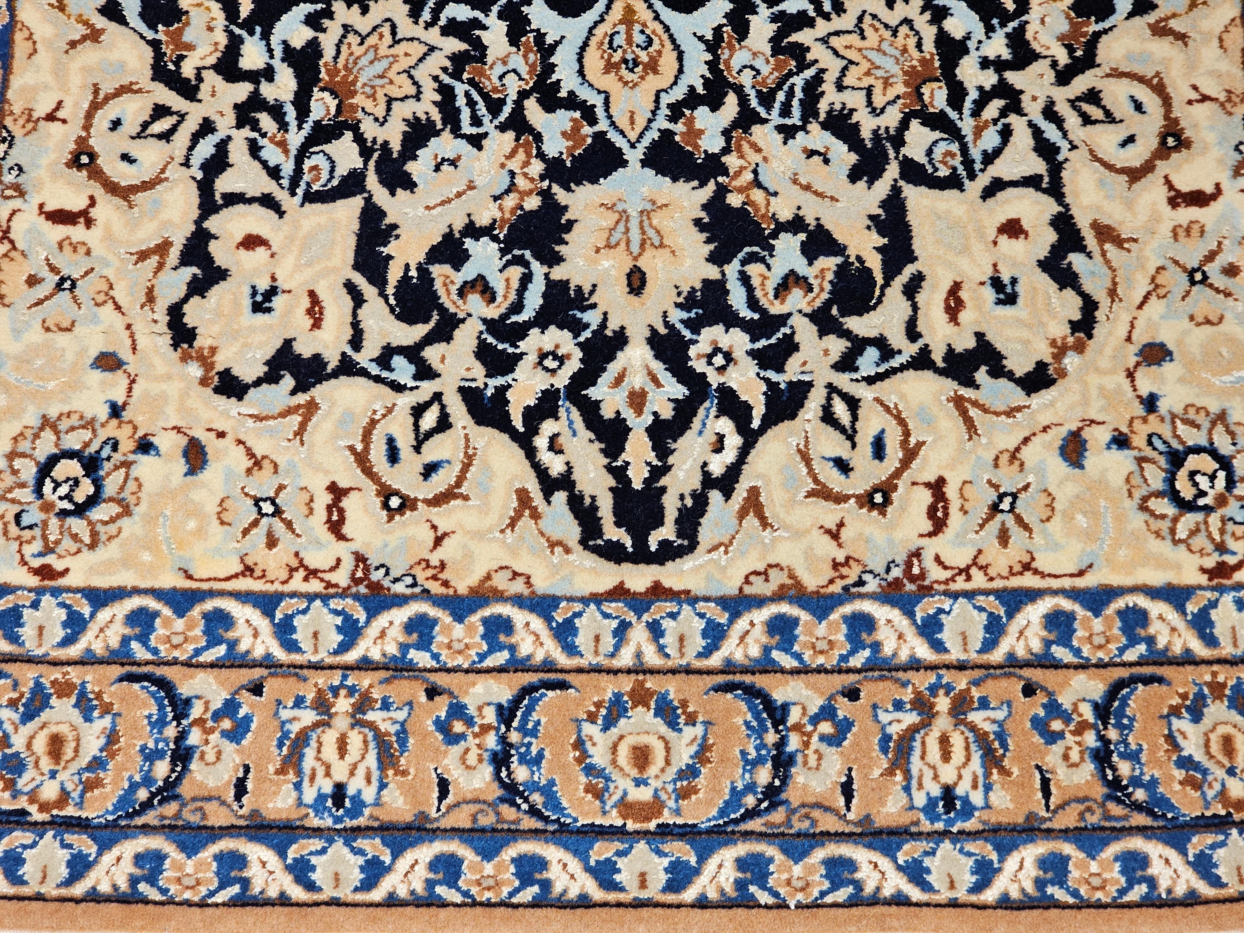 Persischer Nain-Teppich im Vintage-Stil von Tiffany in Blau, Französisch Blau, Marineblau, Karamell (Handgeknüpft) im Angebot
