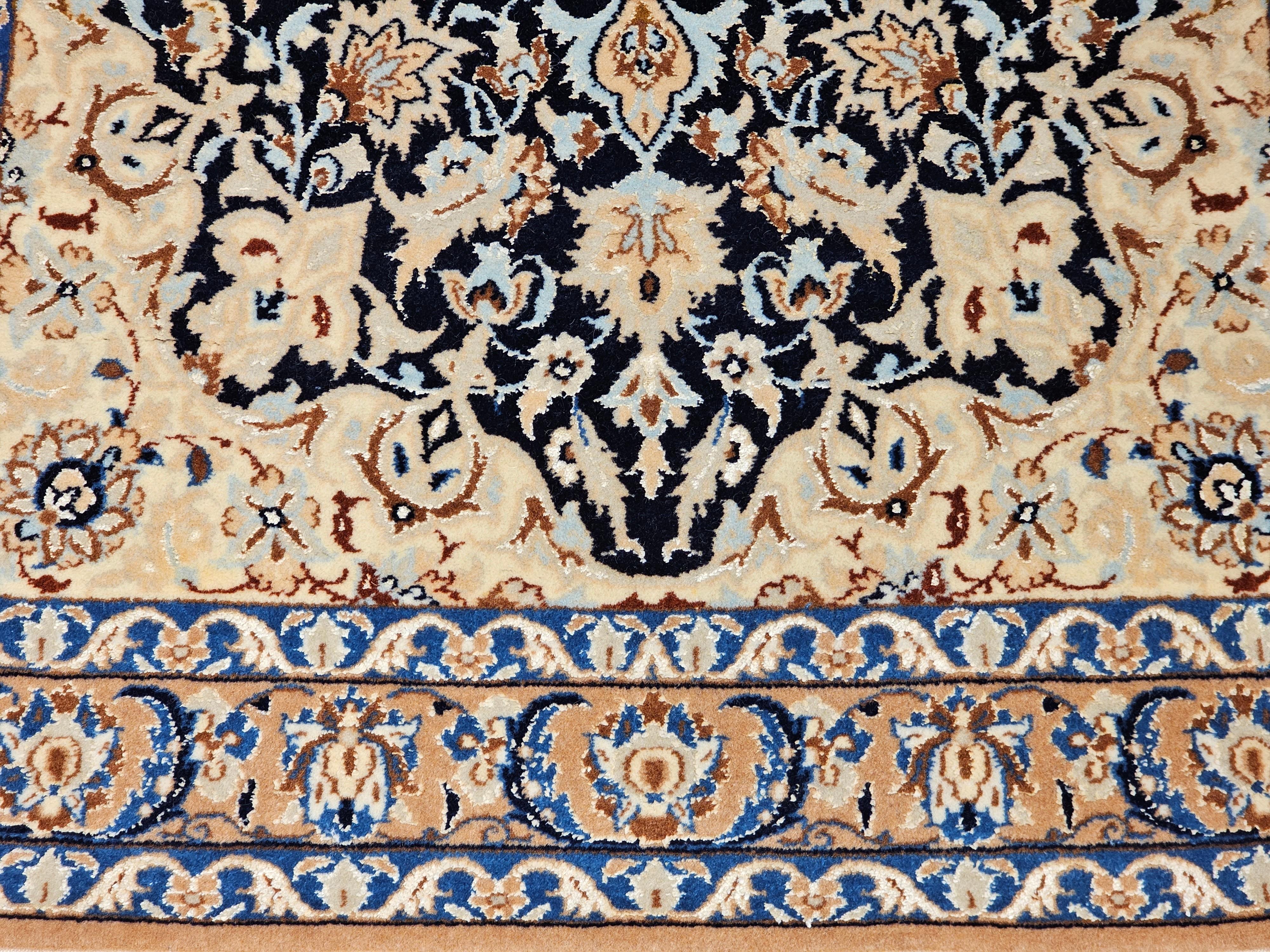 Hand-Woven Vintage Persian Nain Area Rug in Navy Blue with Tiffany & French Blue Accents