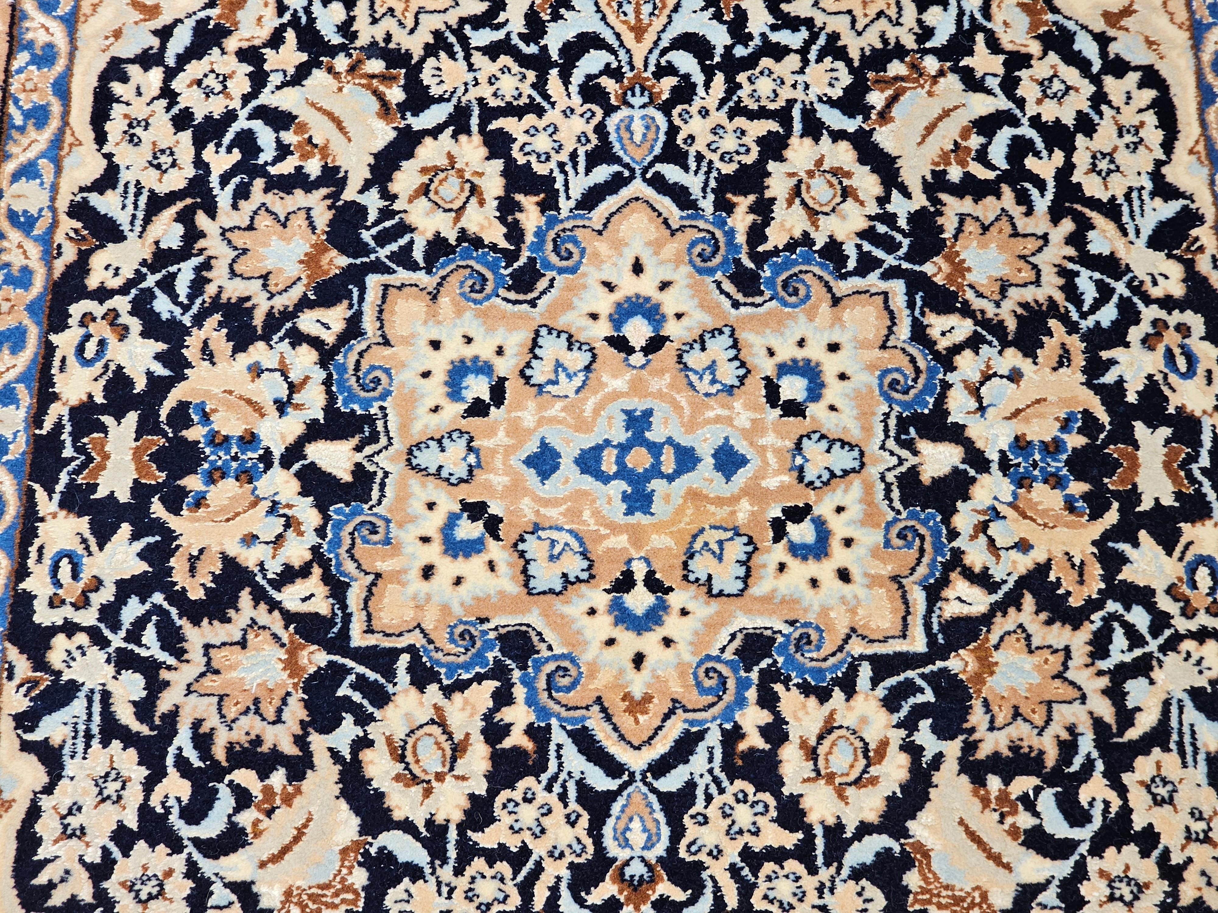 Vintage Persian Nain Area Rug in Tiffany Blue, French Blue, Navy Blue, Caramel In Good Condition For Sale In Barrington, IL