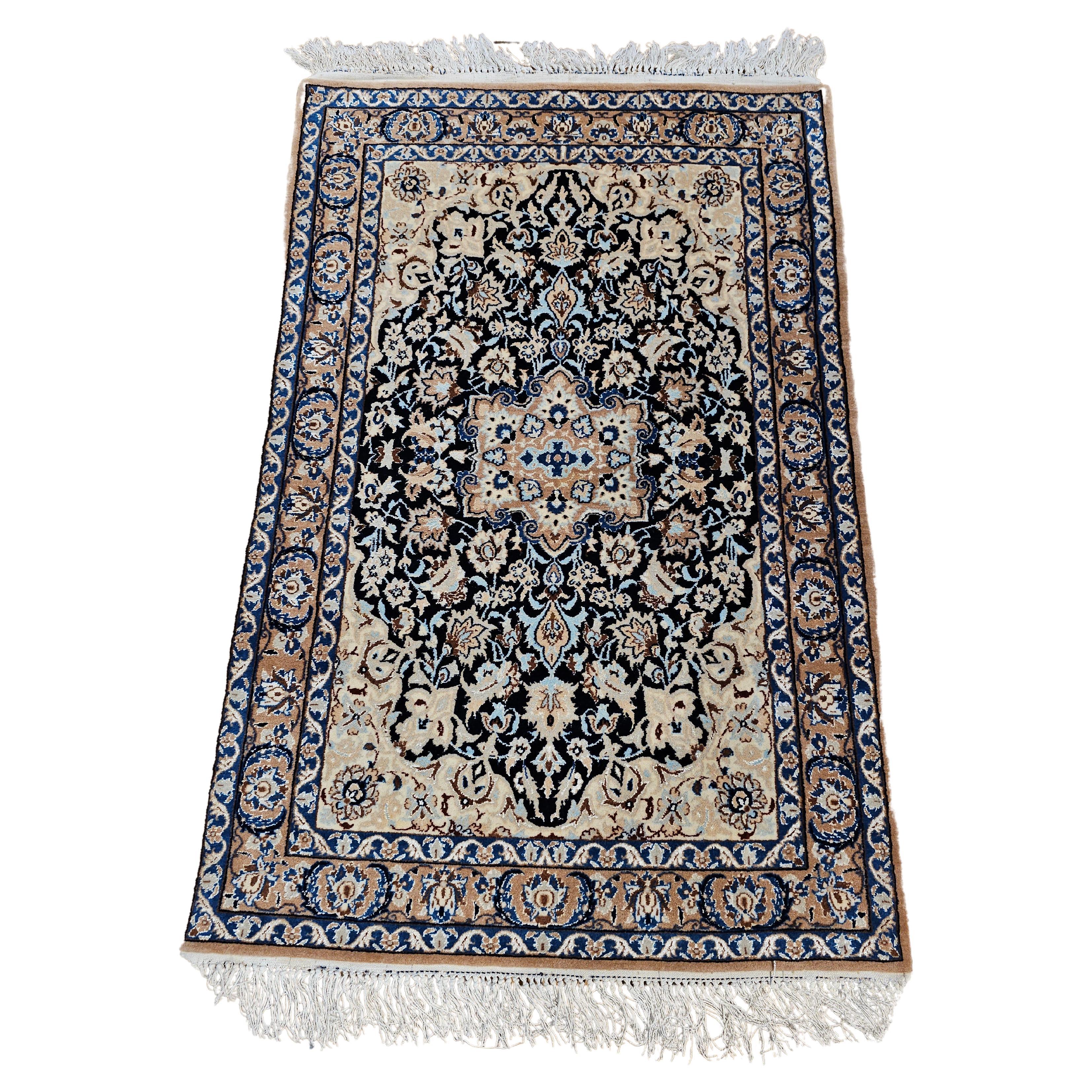 Vintage Persian Nain Area Rug in Tiffany Blue, French Blue, Navy Blue, Caramel For Sale