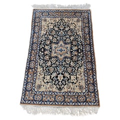 Tapis persan Nain vintage en bleu Tiffany, bleu français, bleu marine, caramel