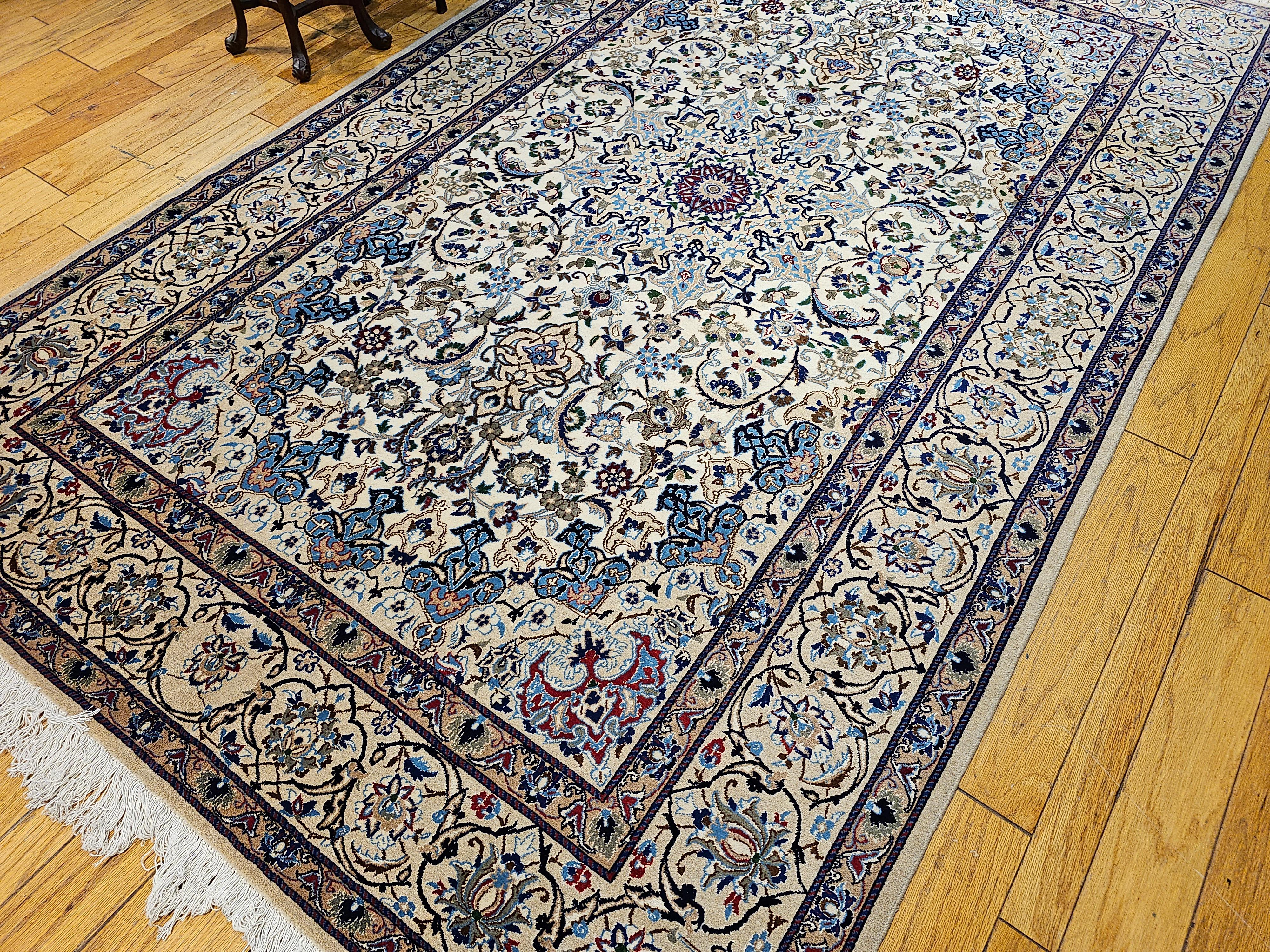 Vintage Persian Nain in Floral Pattern with Silk in Ivory, Pale Blue, Green, Red For Sale 7