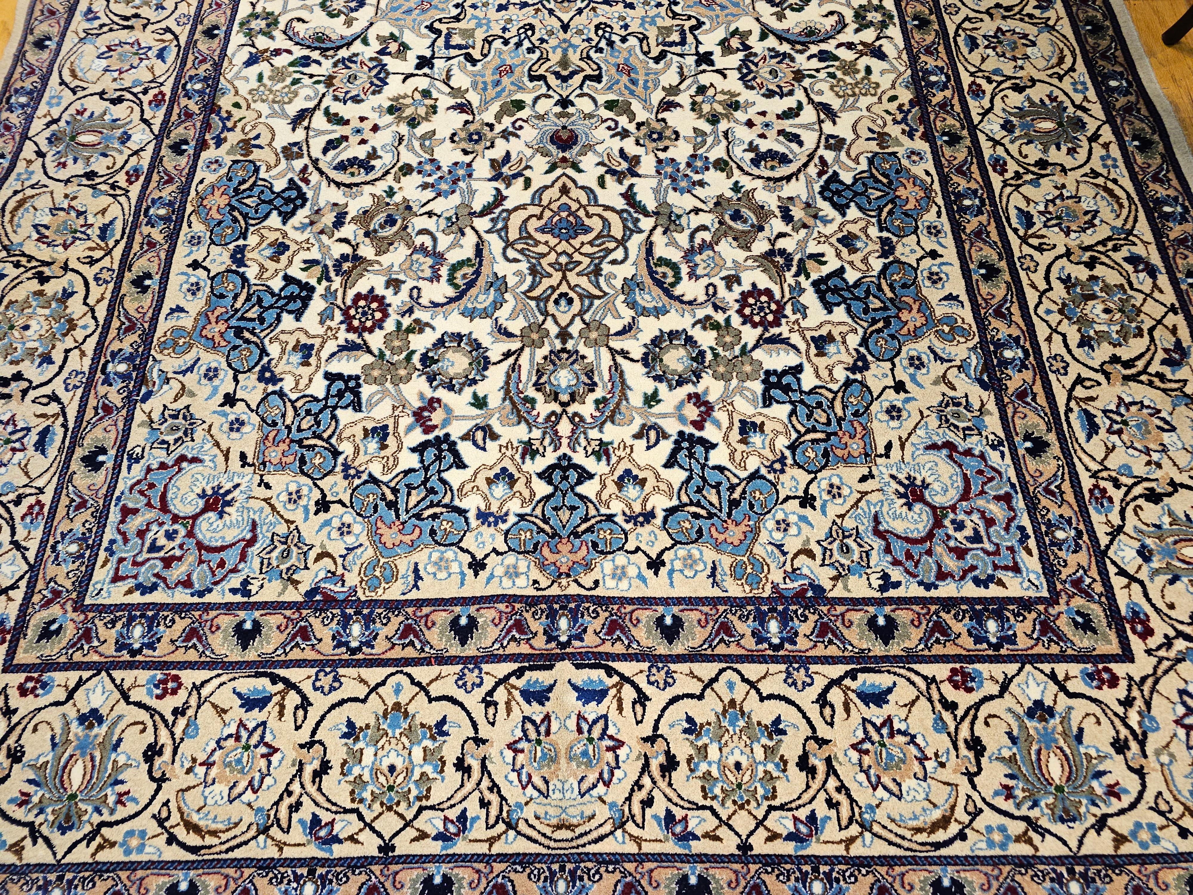 Hand-Woven Vintage Persian Nain in Floral Pattern with Silk in Ivory, Pale Blue, Green, Red For Sale