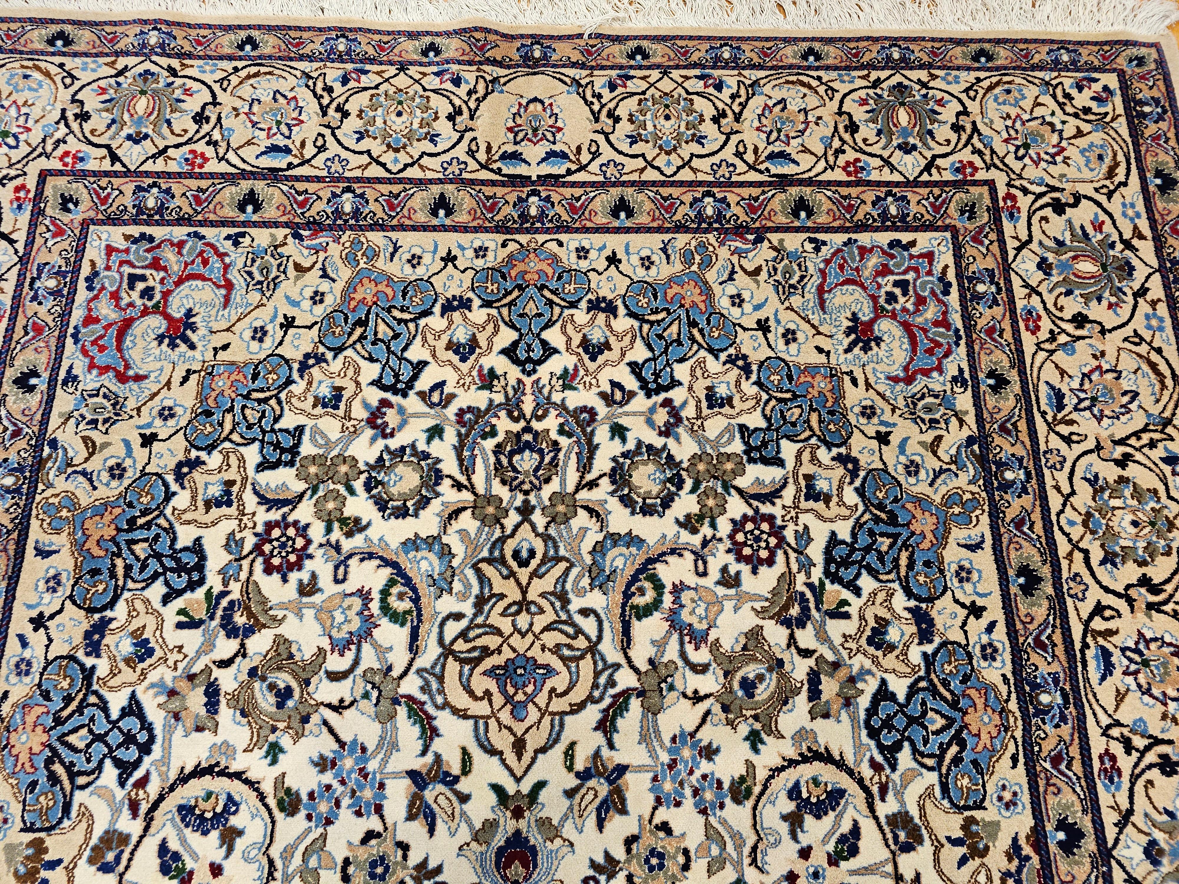 20th Century Vintage Persian Nain in Floral Pattern with Silk in Ivory, Pale Blue, Green, Red For Sale