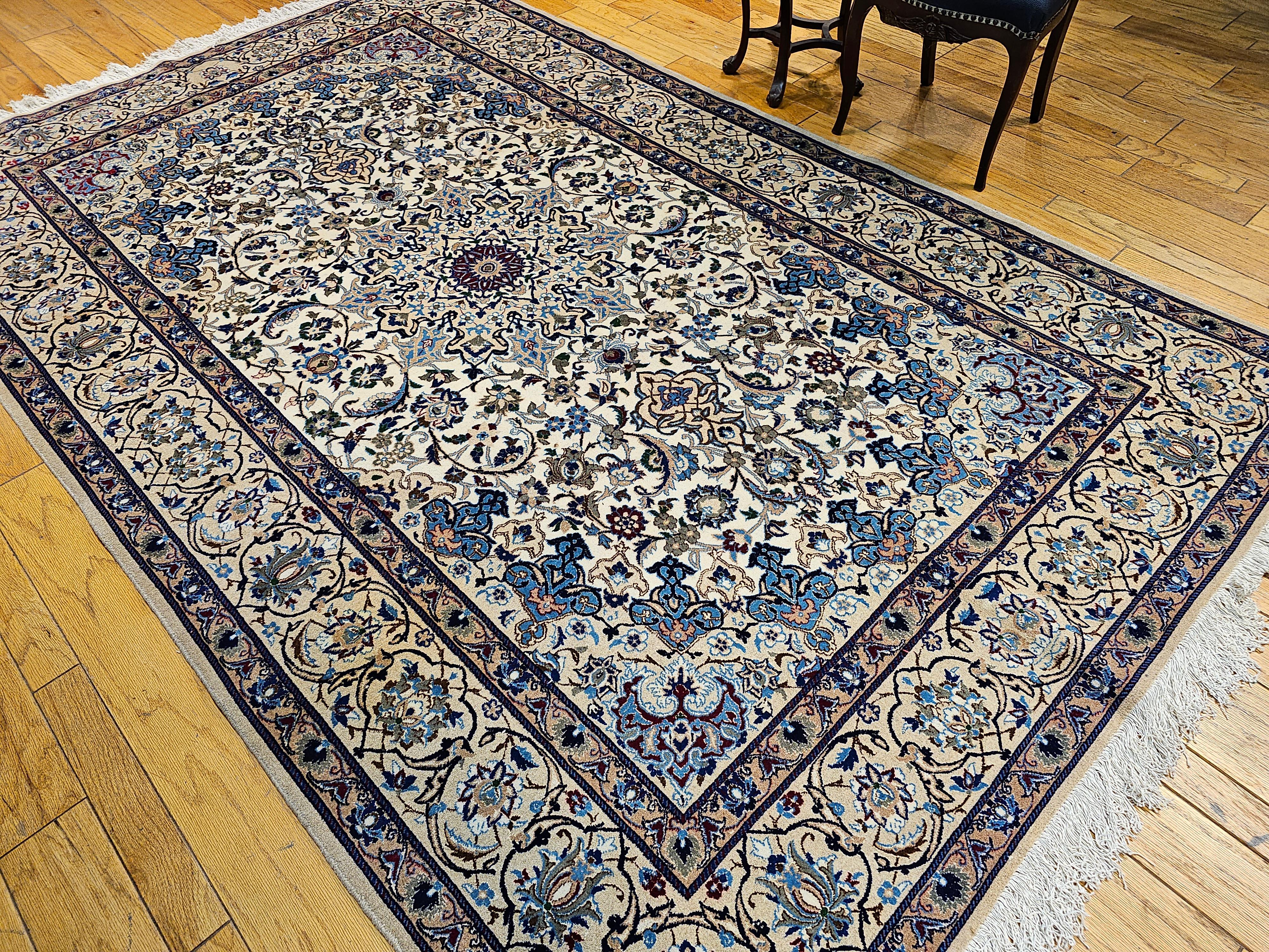 Vintage Persian Nain in Floral Pattern with Silk in Ivory, Pale Blue, Green, Red For Sale 3