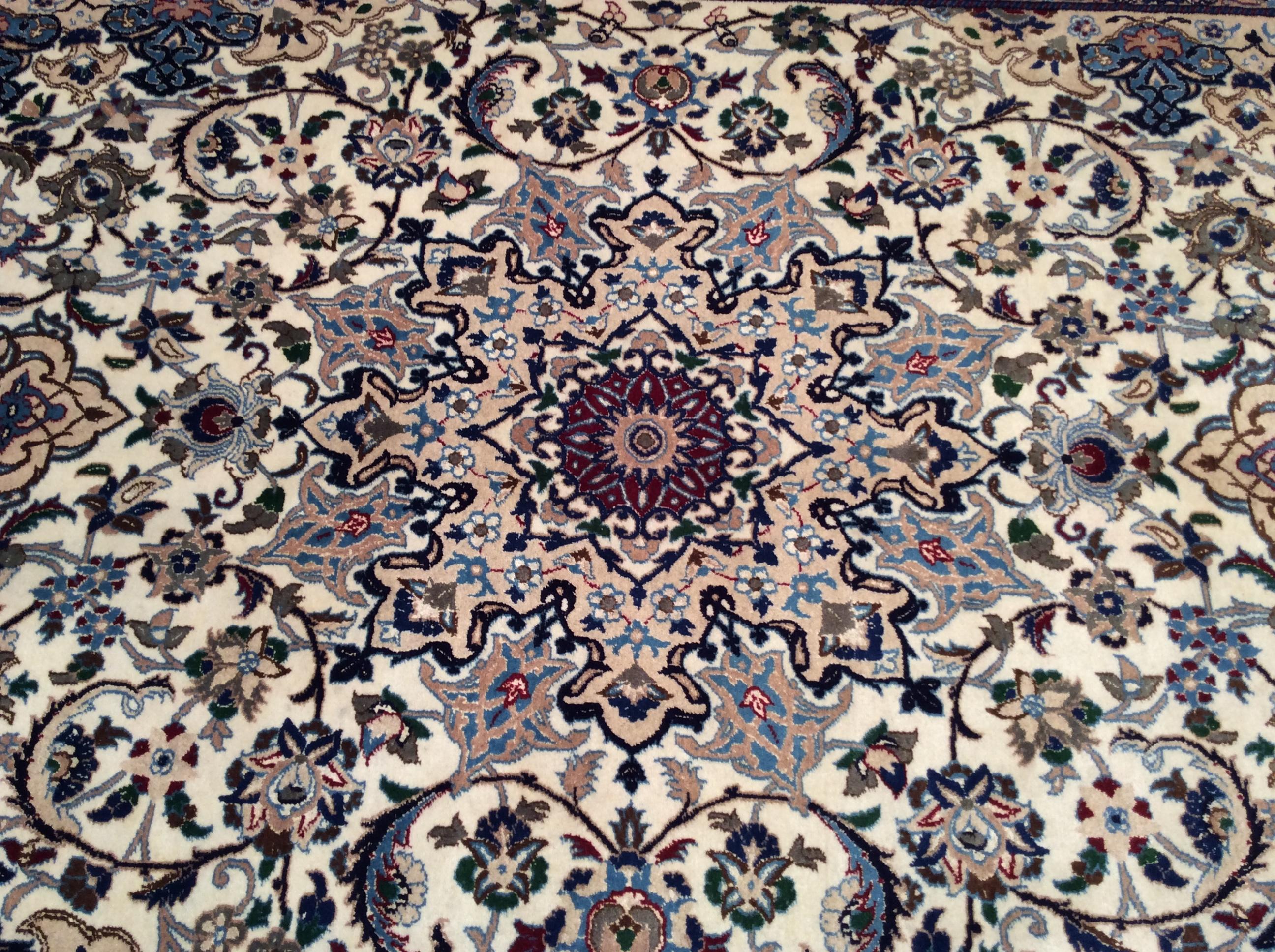 Wool Vintage Persian Nain in Floral Pattern with Silk in Ivory, Pale Blue, Green, Red For Sale