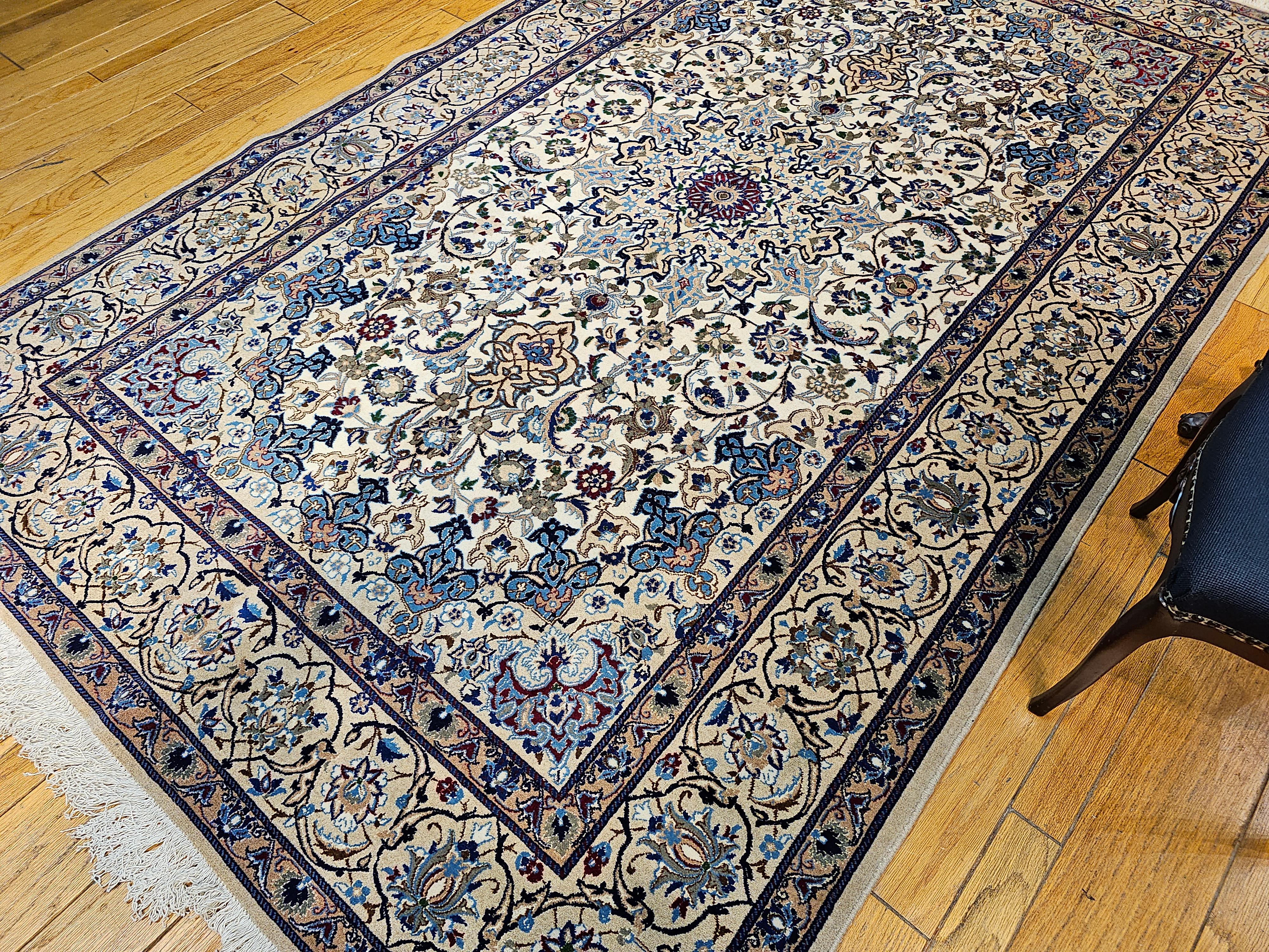 Vintage Persian Nain in Floral Pattern with Silk in Ivory, Pale Blue, Green, Red For Sale 4