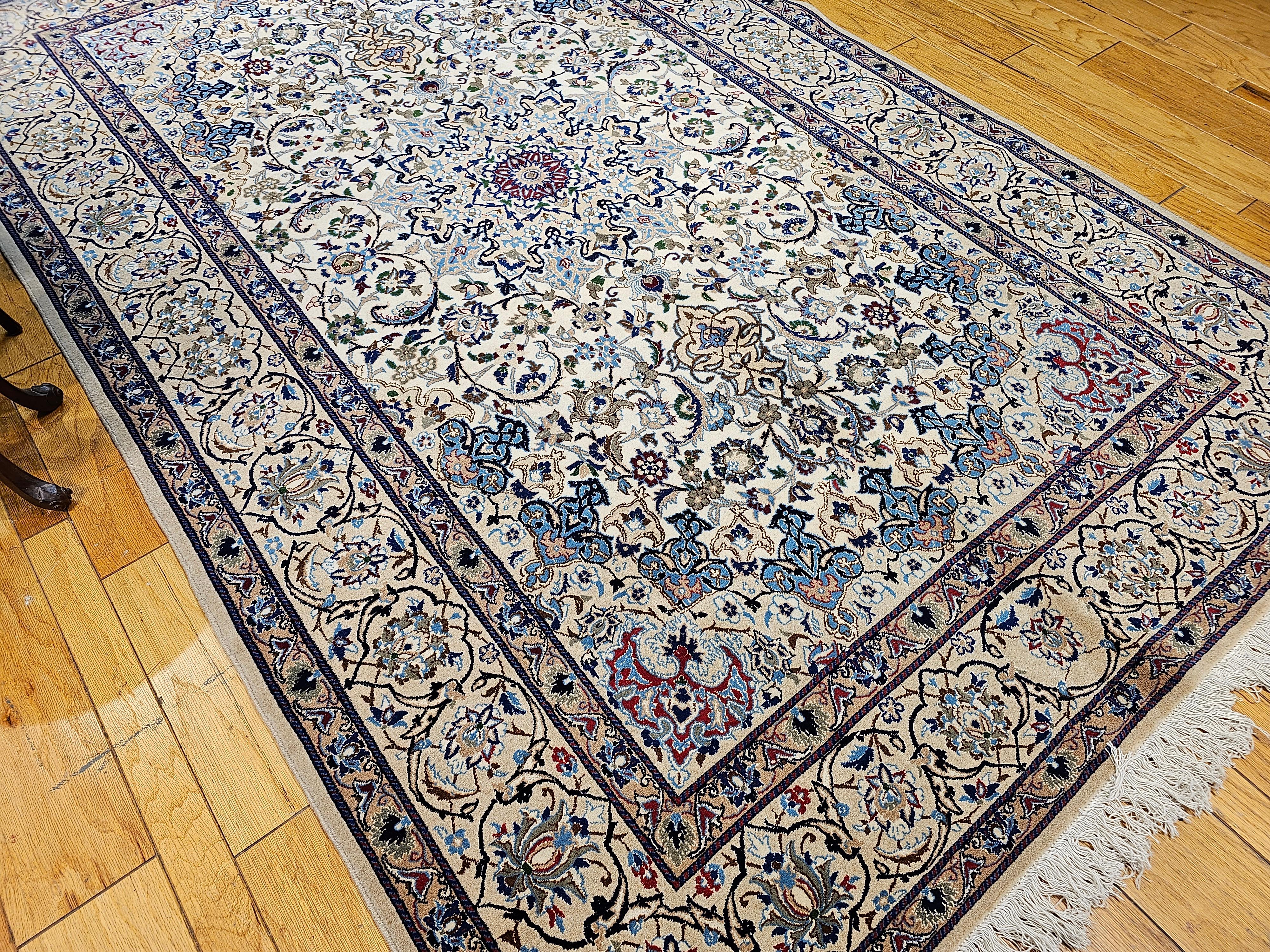 Vintage Persian Nain in Floral Pattern with Silk in Ivory, Pale Blue, Green, Red For Sale 6