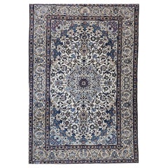 Vintage Persian Nain in Floral Pattern with Silk Highlights in Ivory, Pale Blue