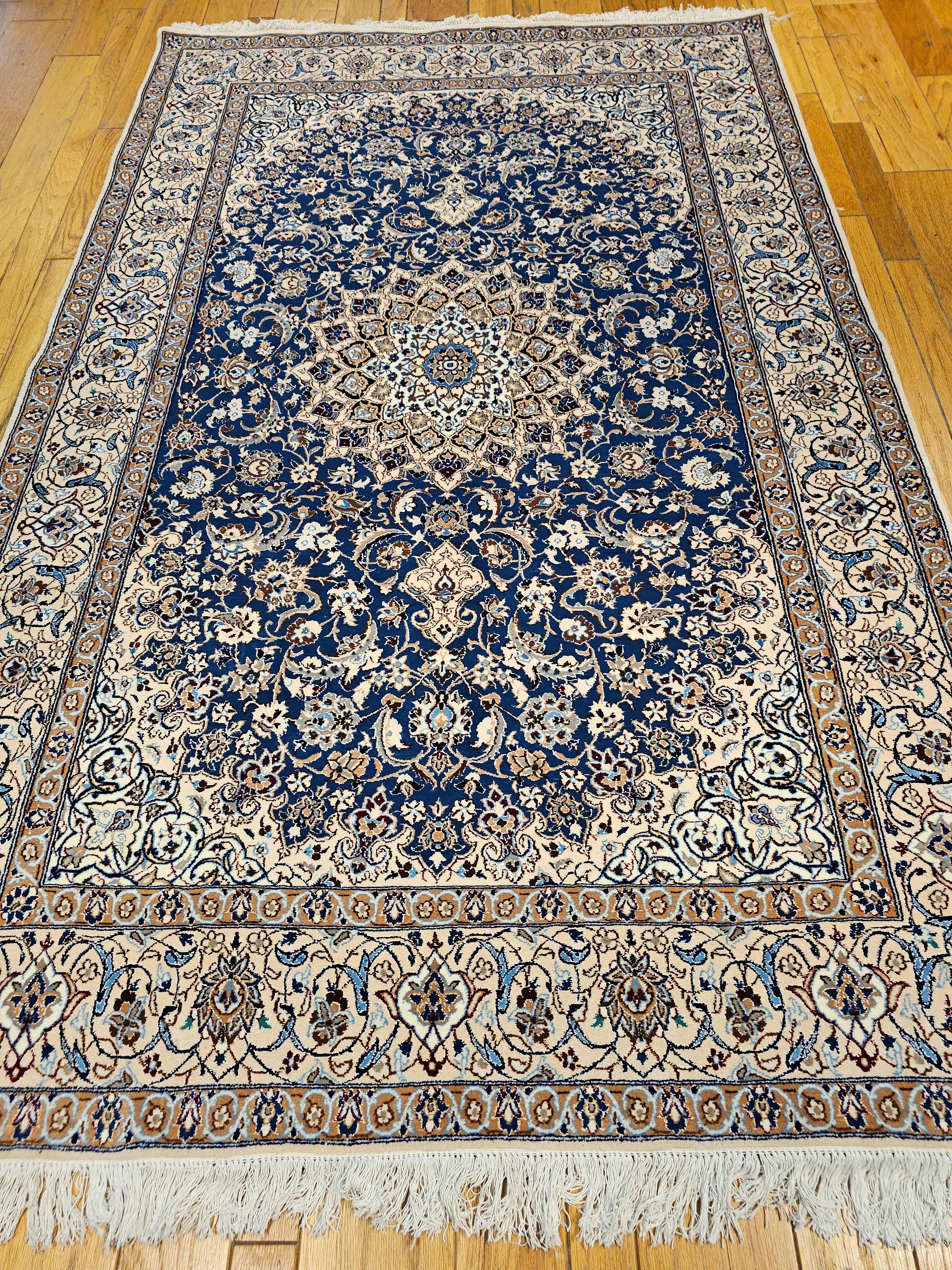 Vintage Persian Nain in Floral Pattern with Silk in French Blue, Cream, Caramel For Sale 4