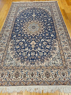 Vintage Room Size Persian Nain Rug in French Blue, Ivory