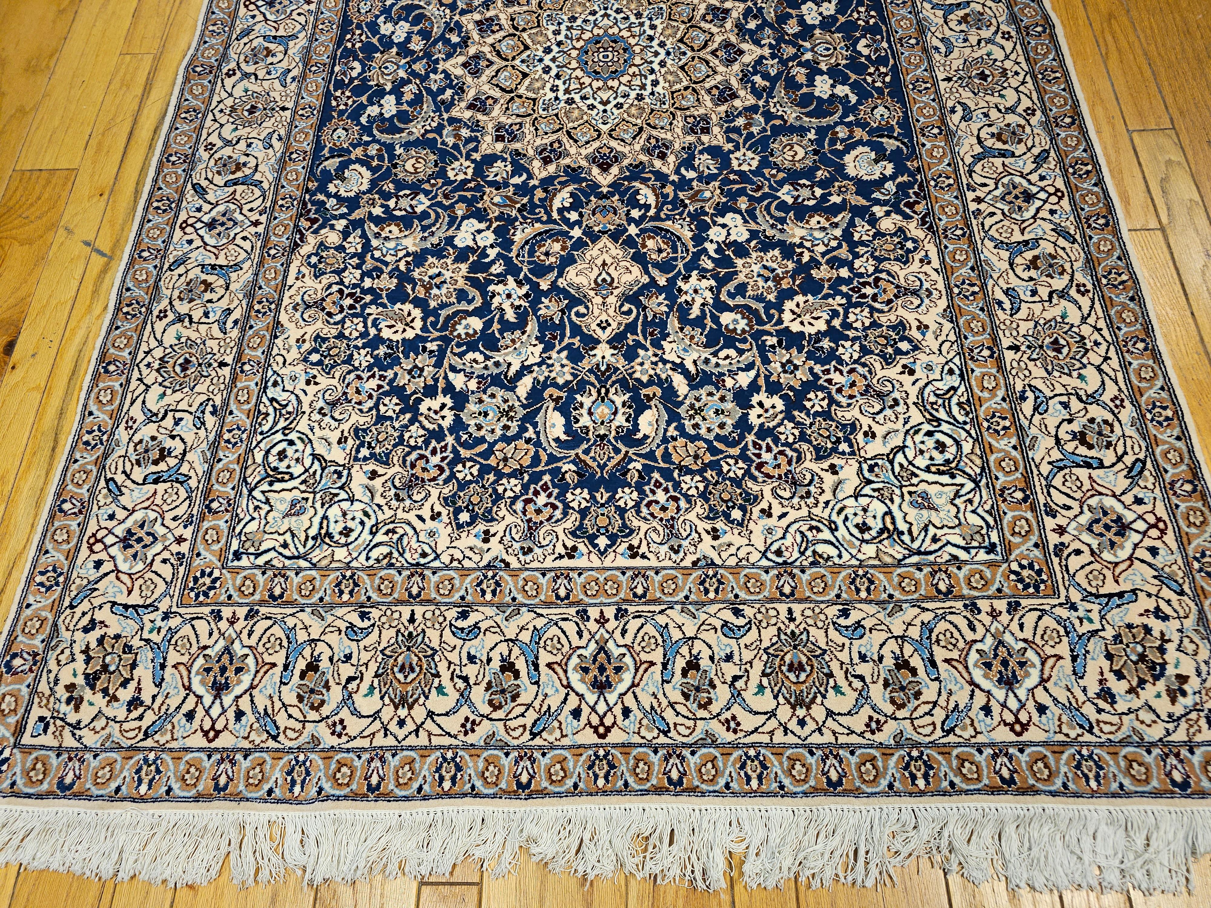Vintage Persian Nain in Floral Pattern with Silk in French Blue, Cream, Caramel For Sale 5