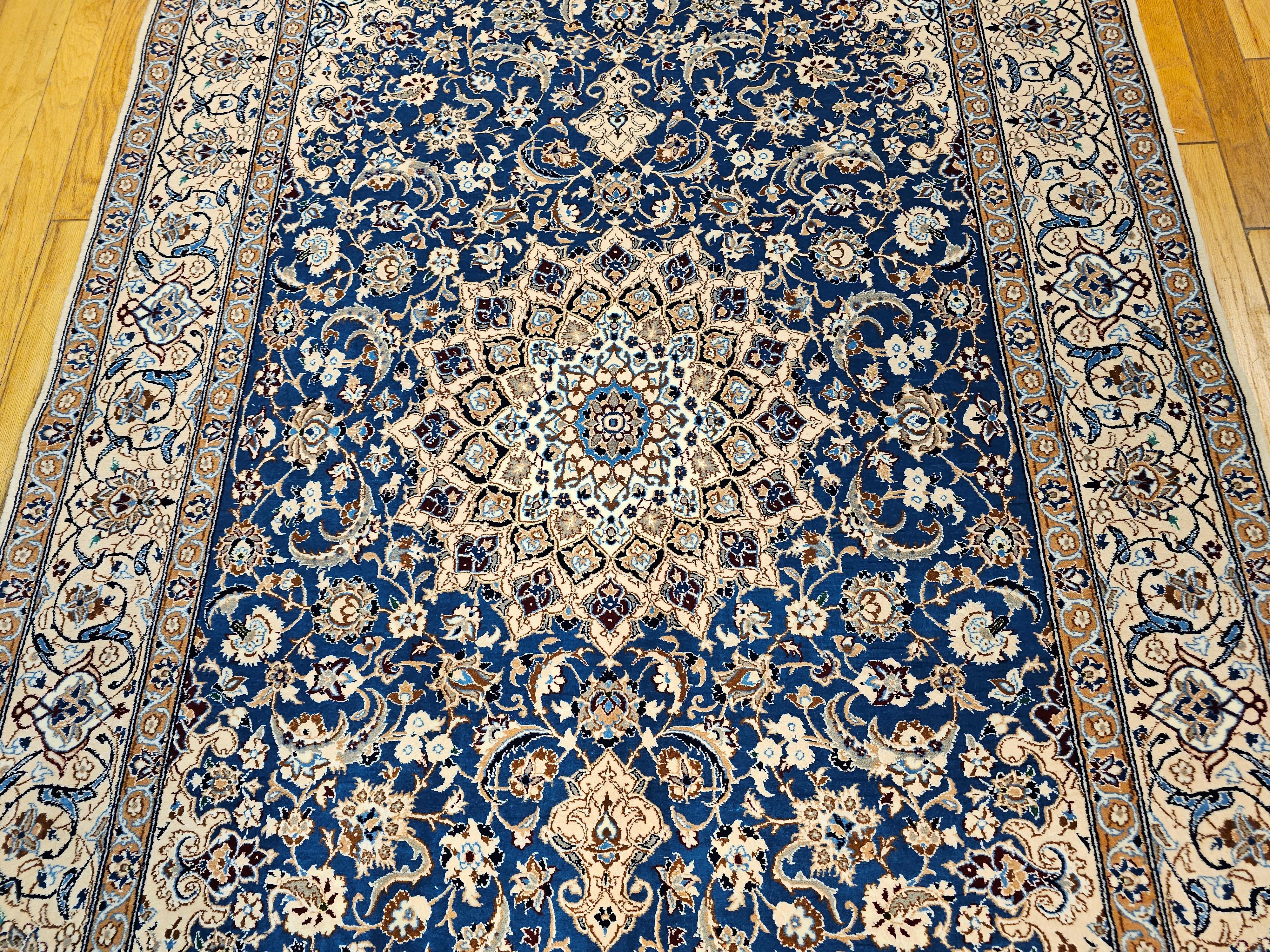 Vintage Persian Nain in Floral Pattern with Silk in French Blue, Cream, Caramel For Sale 7