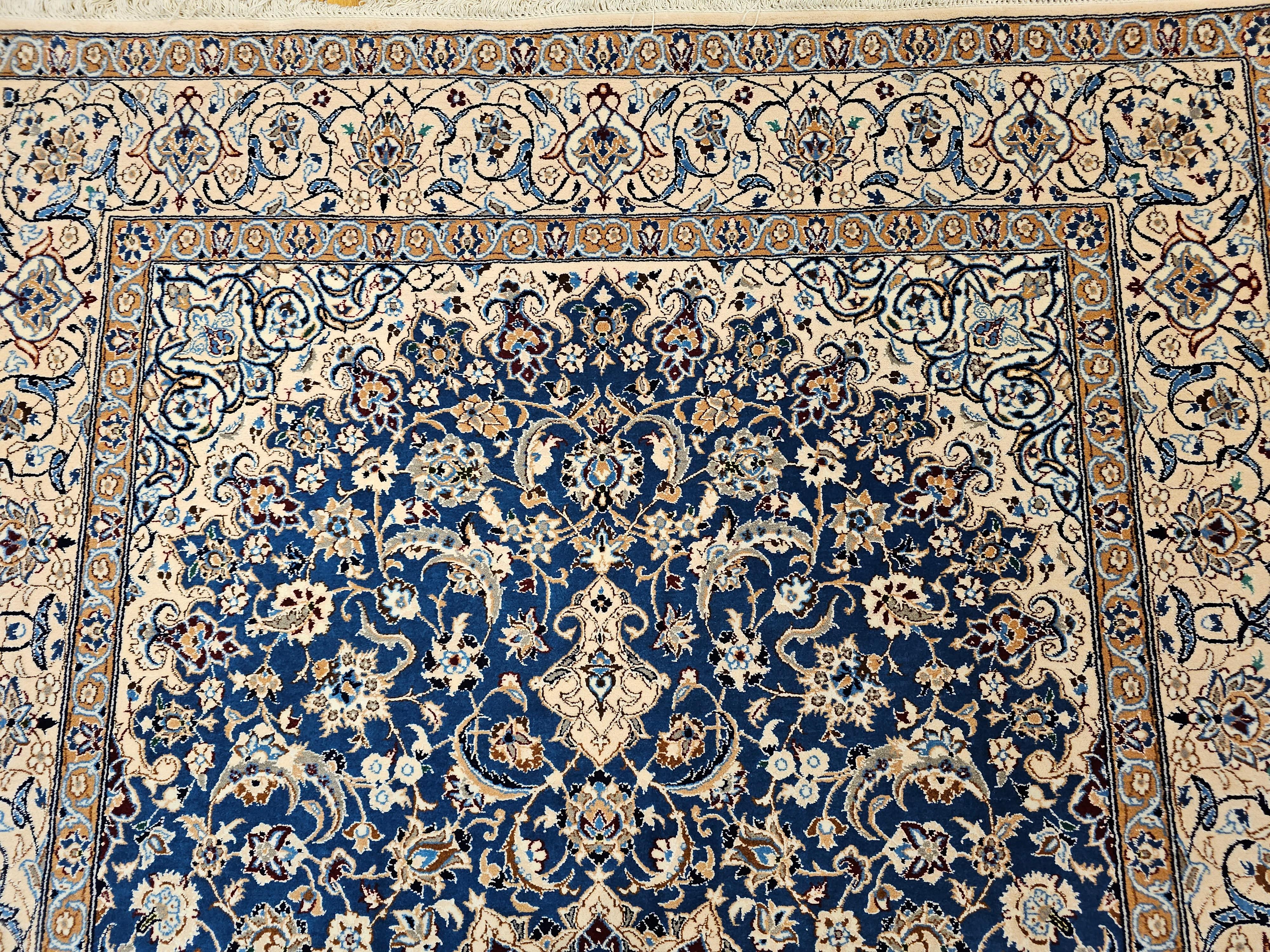 Vintage Persian Nain in Floral Pattern with Silk in French Blue, Cream, Caramel For Sale 8